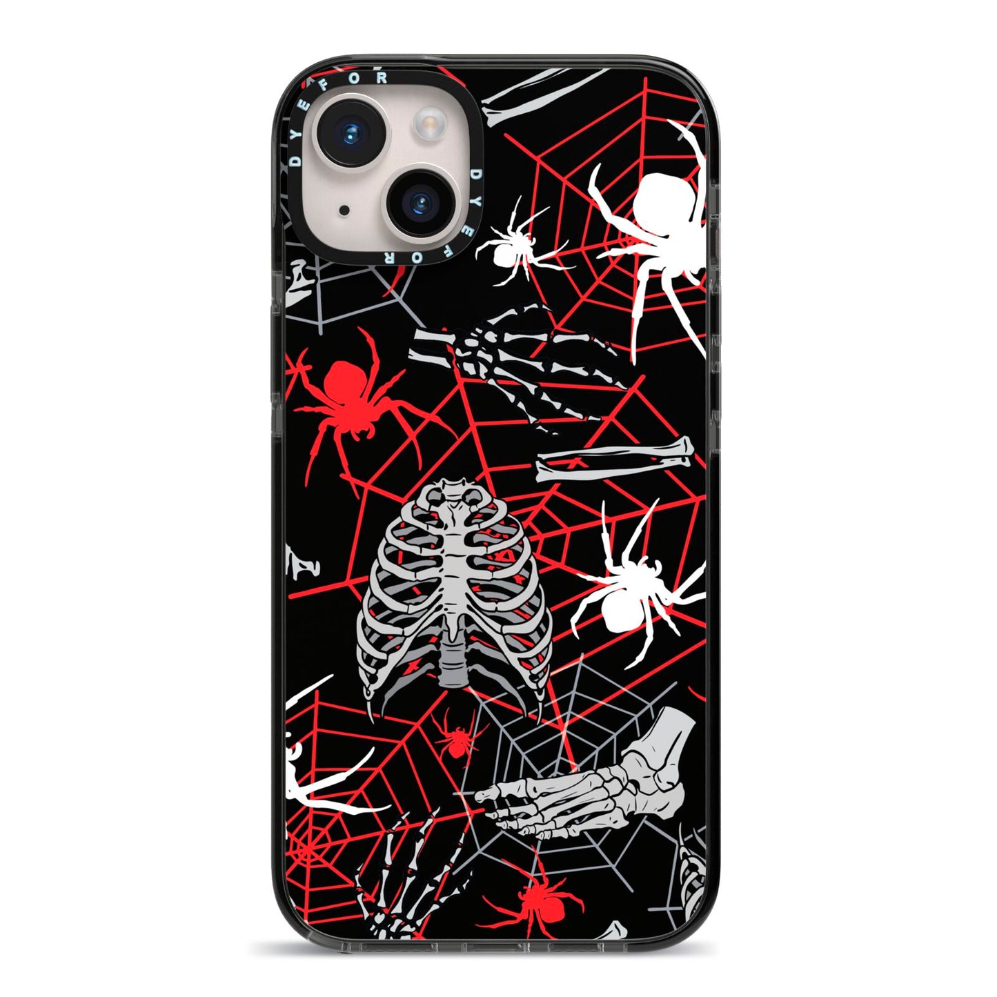 Grey and Red Cobwebs iPhone 14 Plus Black Impact Case on Silver phone