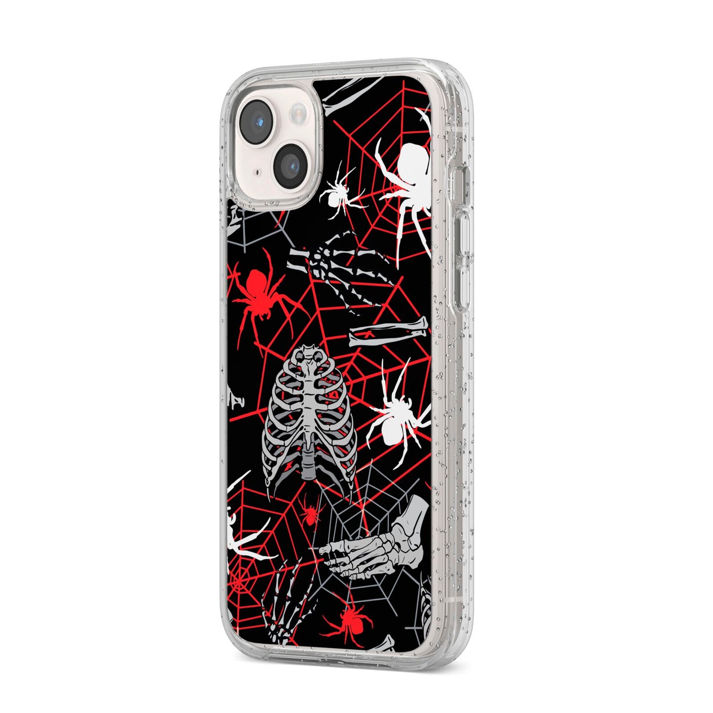 Grey and Red Cobwebs iPhone 14 Plus Glitter Tough Case Starlight Angled Image