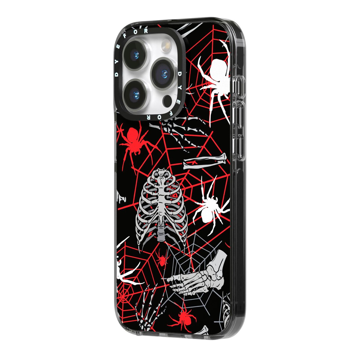 Grey and Red Cobwebs iPhone 14 Pro Black Impact Case Side Angle on Silver phone