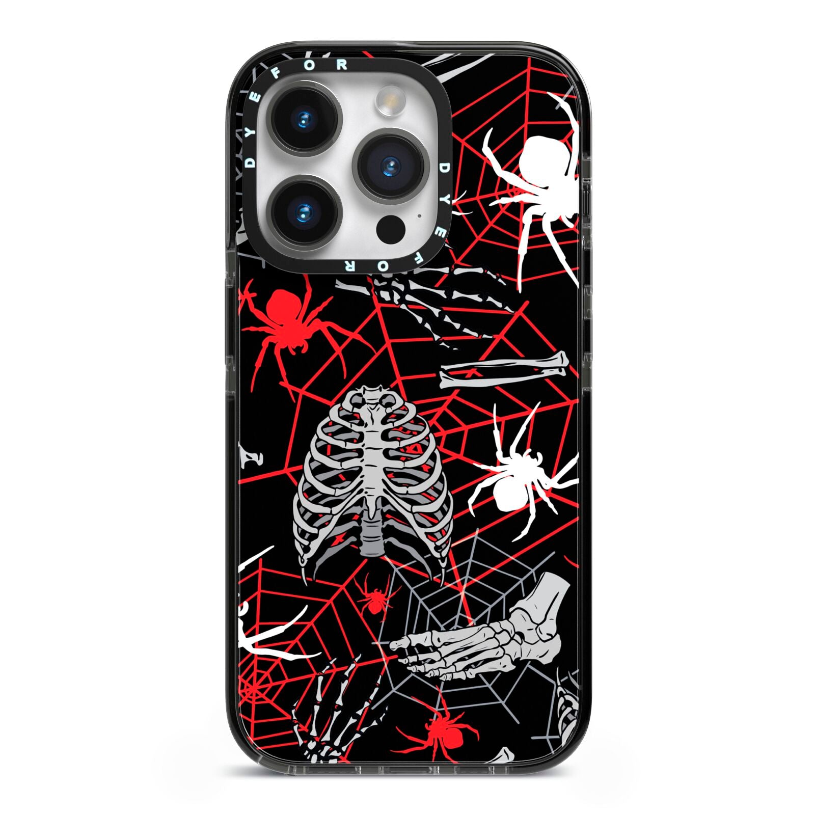 Grey and Red Cobwebs iPhone 14 Pro Black Impact Case on Silver phone