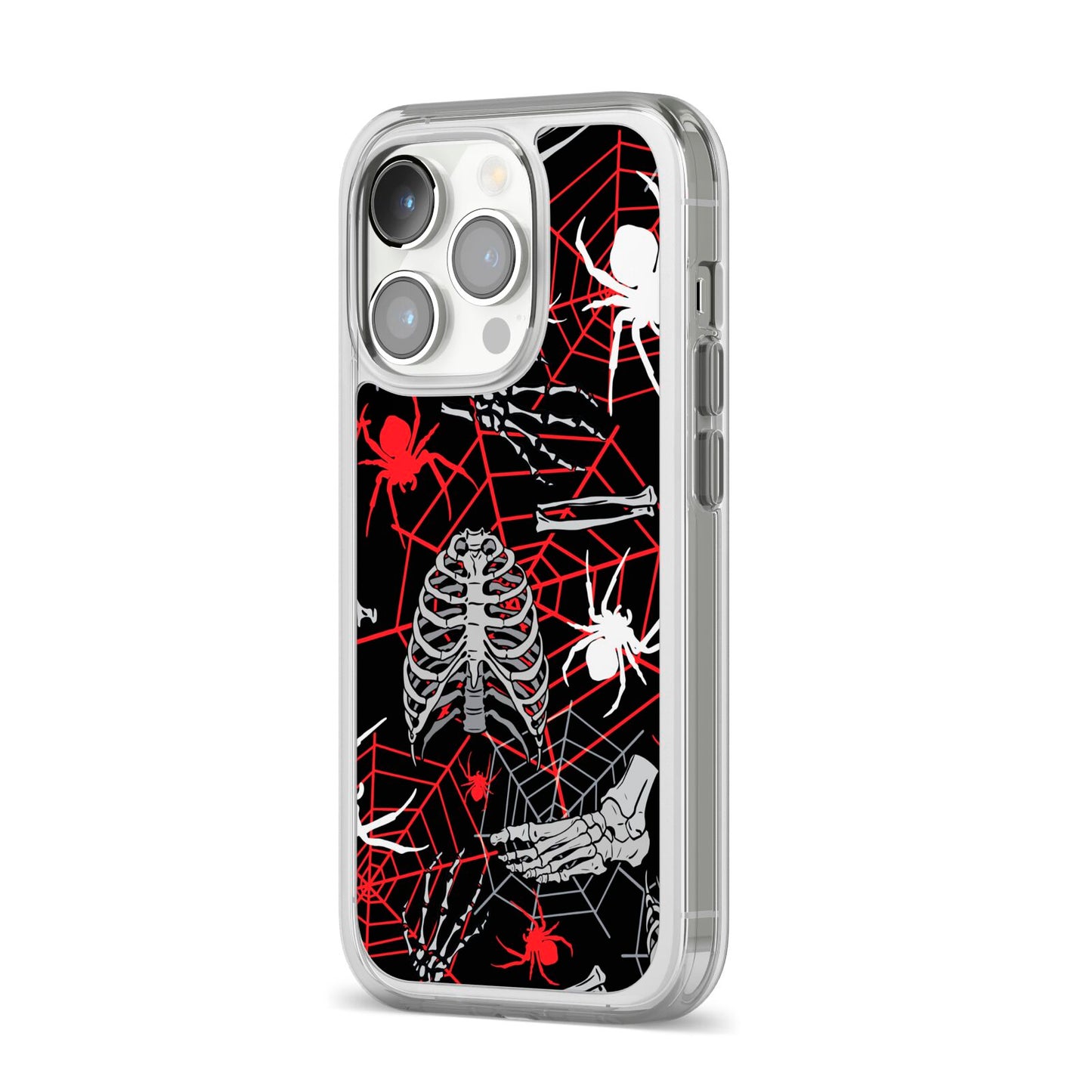 Grey and Red Cobwebs iPhone 14 Pro Clear Tough Case Silver Angled Image