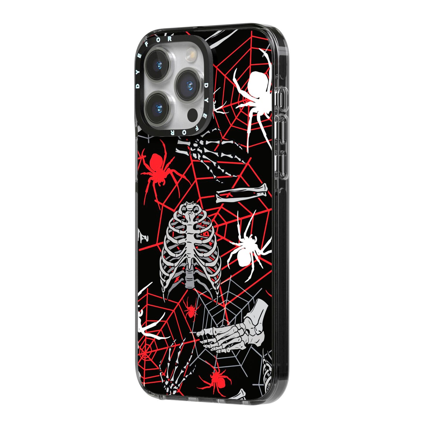 Grey and Red Cobwebs iPhone 14 Pro Max Black Impact Case Side Angle on Silver phone