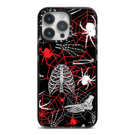 Grey and Red Cobwebs iPhone 14 Pro Max Black Impact Case on Silver phone