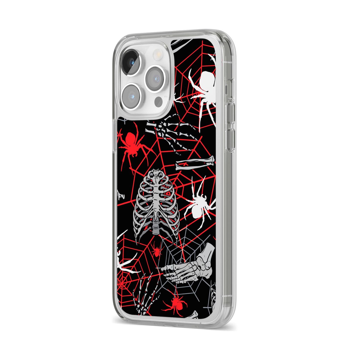 Grey and Red Cobwebs iPhone 14 Pro Max Clear Tough Case Silver Angled Image