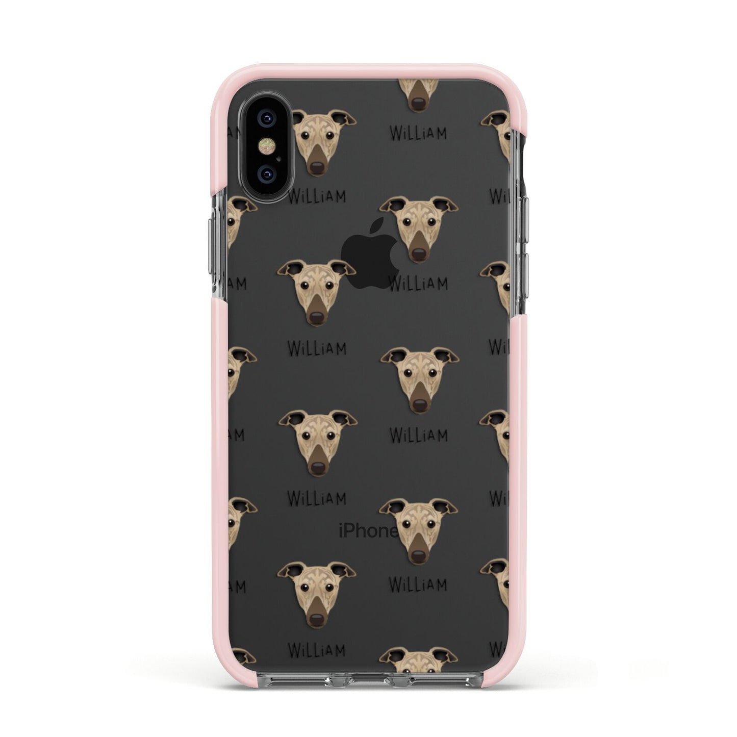 Greyhound Icon with Name Apple iPhone Xs Impact Case Pink Edge on Black Phone