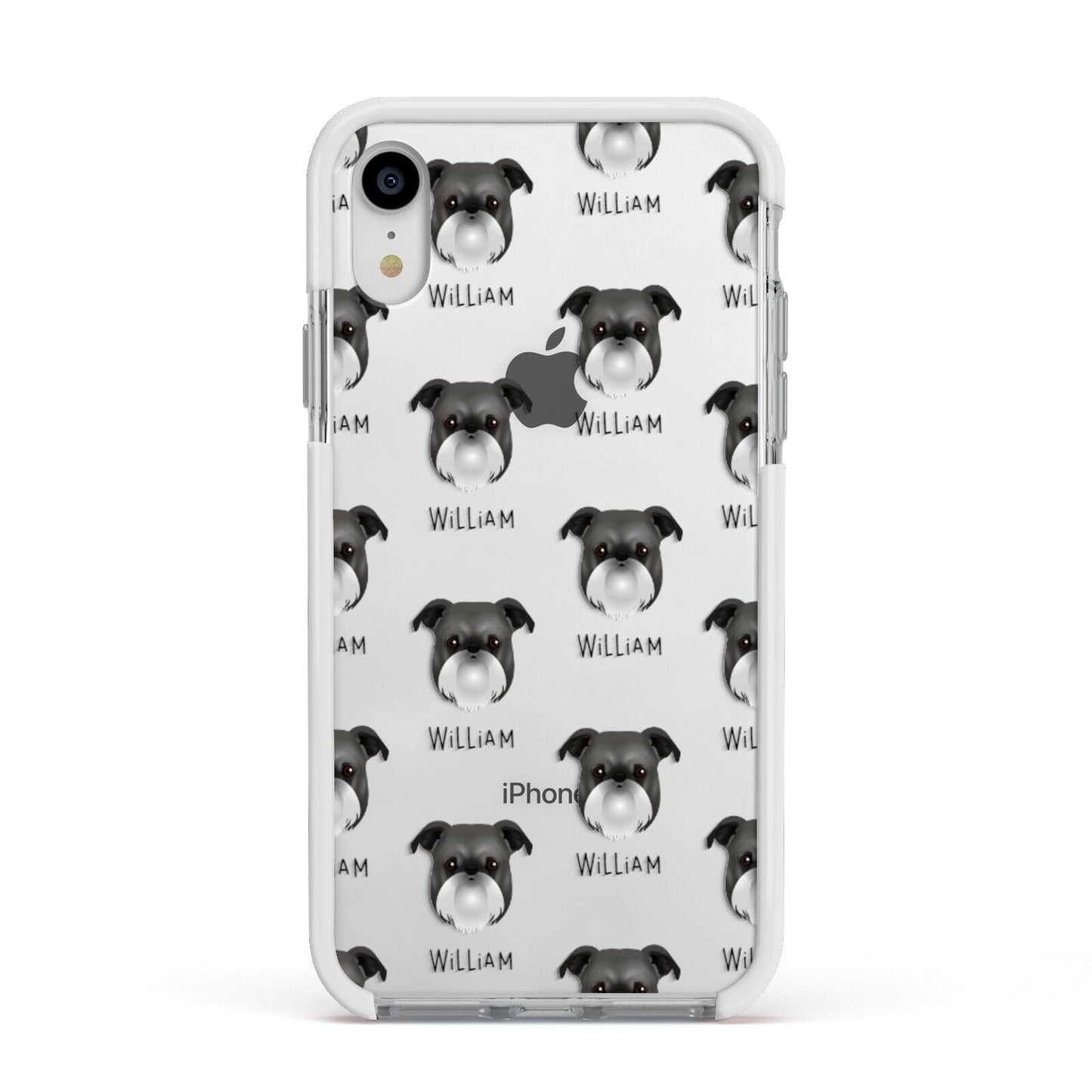Griffon Bruxellois Icon with Name Apple iPhone XR Impact Case White Edge on Silver Phone