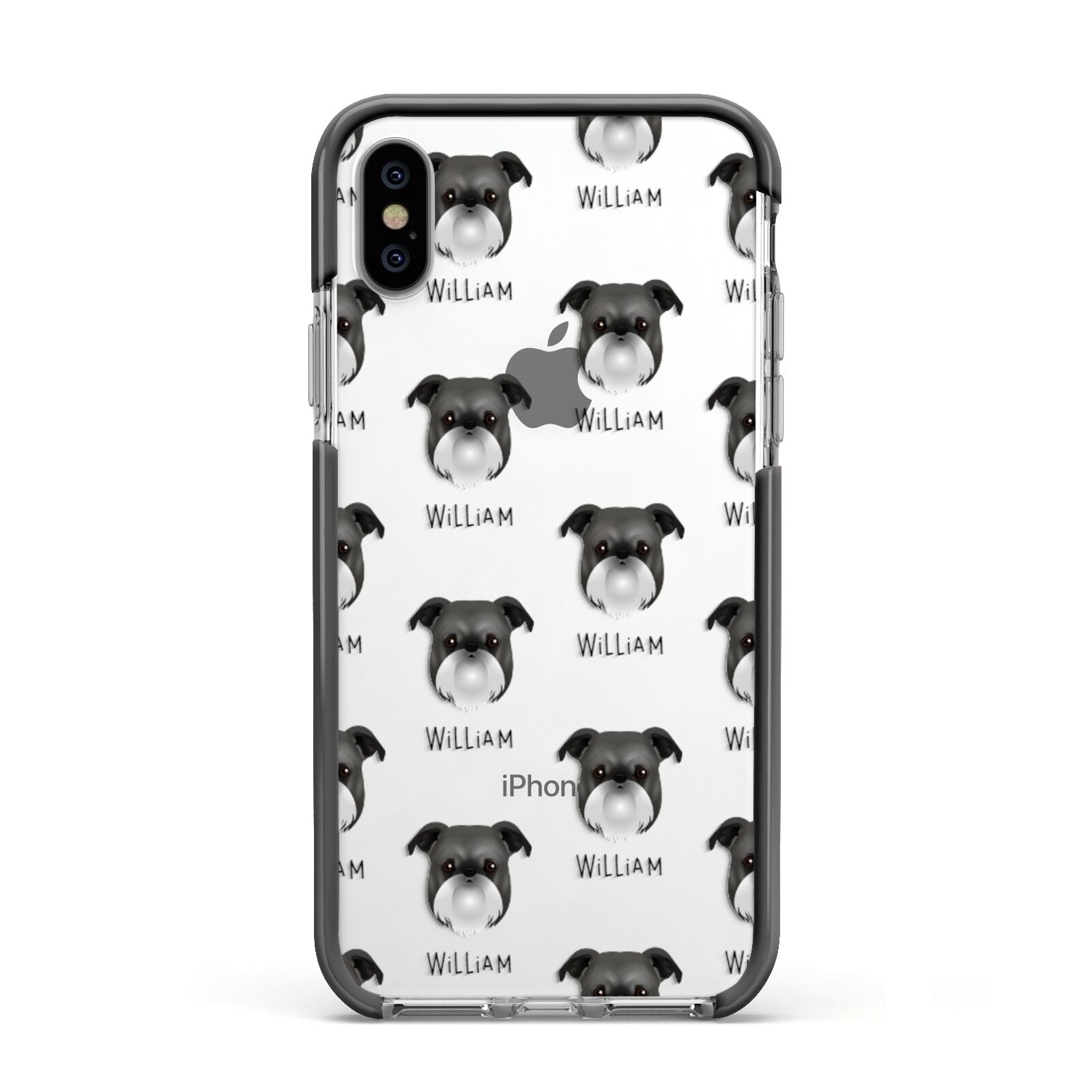 Griffon Bruxellois Icon with Name Apple iPhone Xs Impact Case Black Edge on Silver Phone