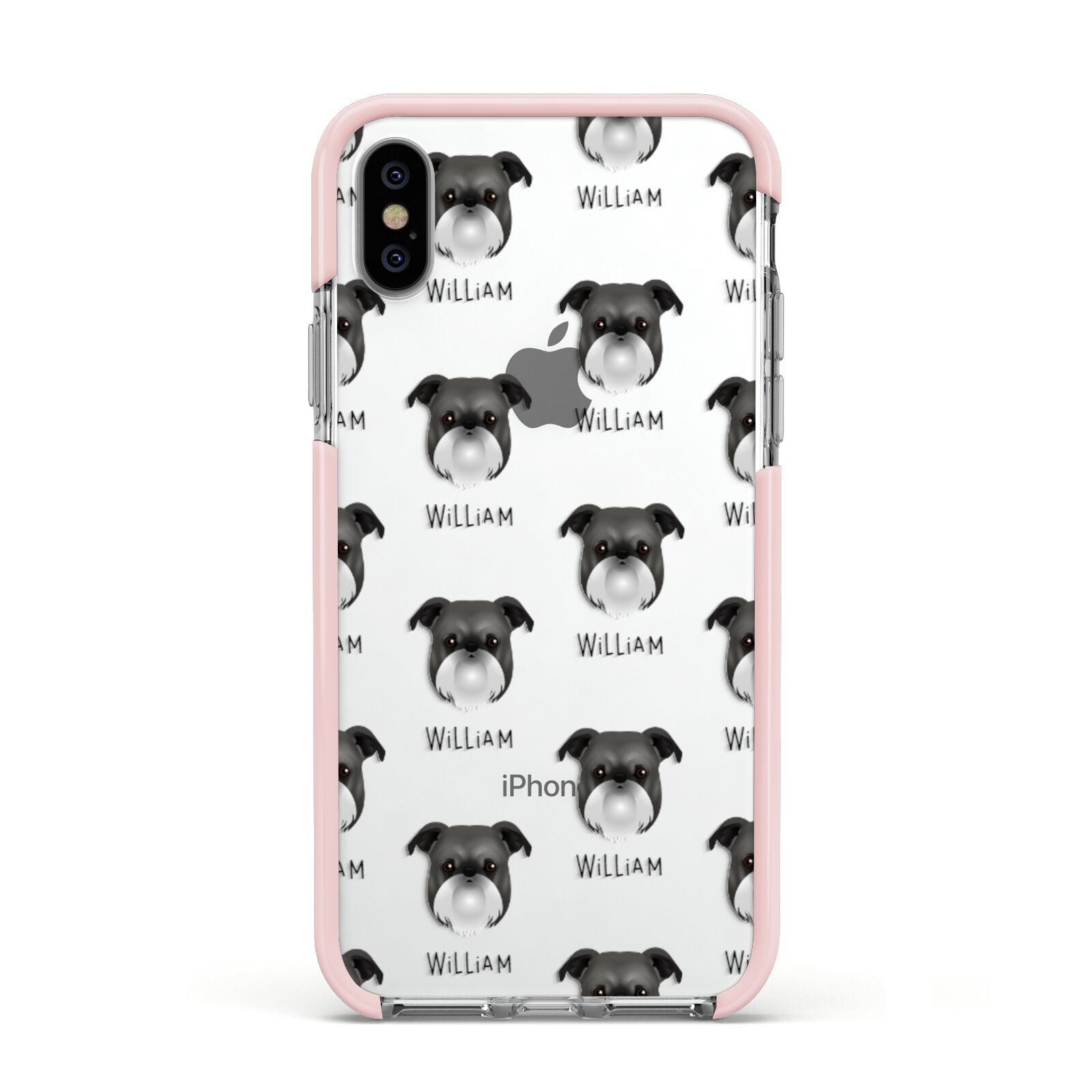 Griffon Bruxellois Icon with Name Apple iPhone Xs Impact Case Pink Edge on Silver Phone