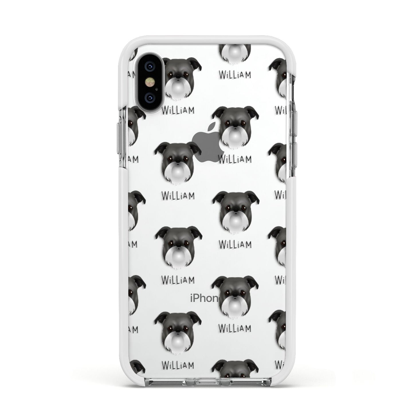 Griffon Bruxellois Icon with Name Apple iPhone Xs Impact Case White Edge on Silver Phone