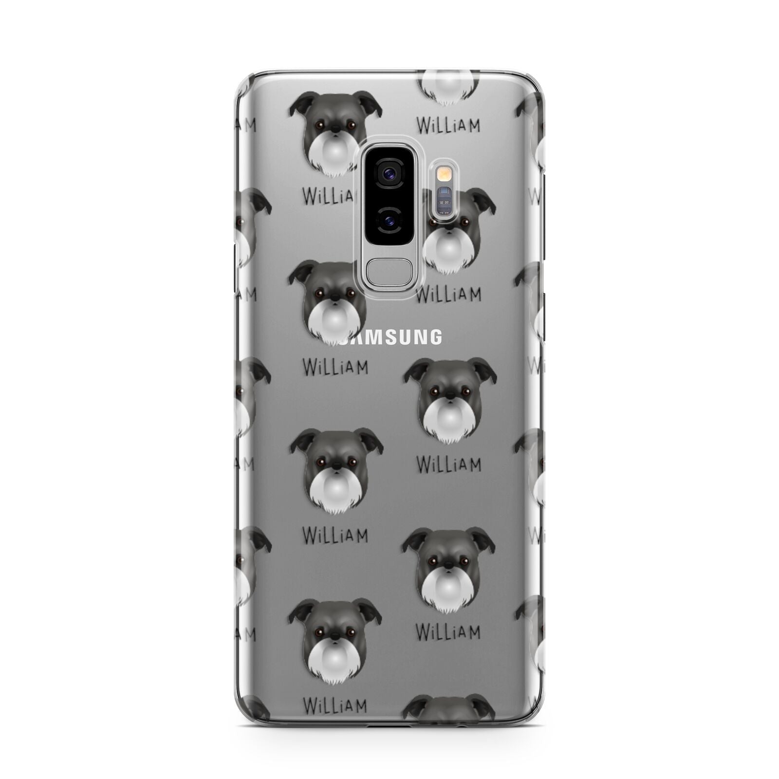 Griffon Bruxellois Icon with Name Samsung Galaxy S9 Plus Case on Silver phone