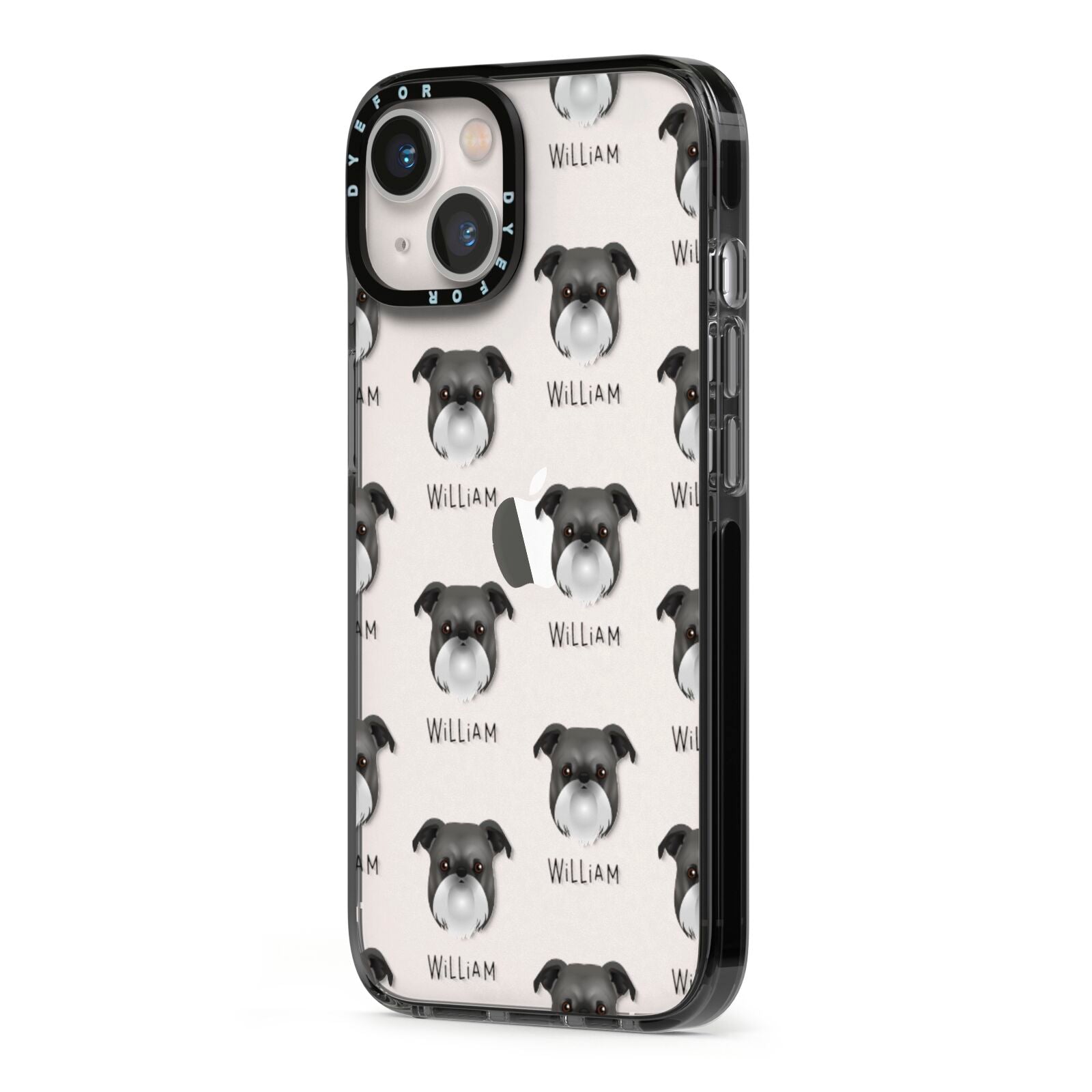 Griffon Bruxellois Icon with Name iPhone 13 Black Impact Case Side Angle on Silver phone