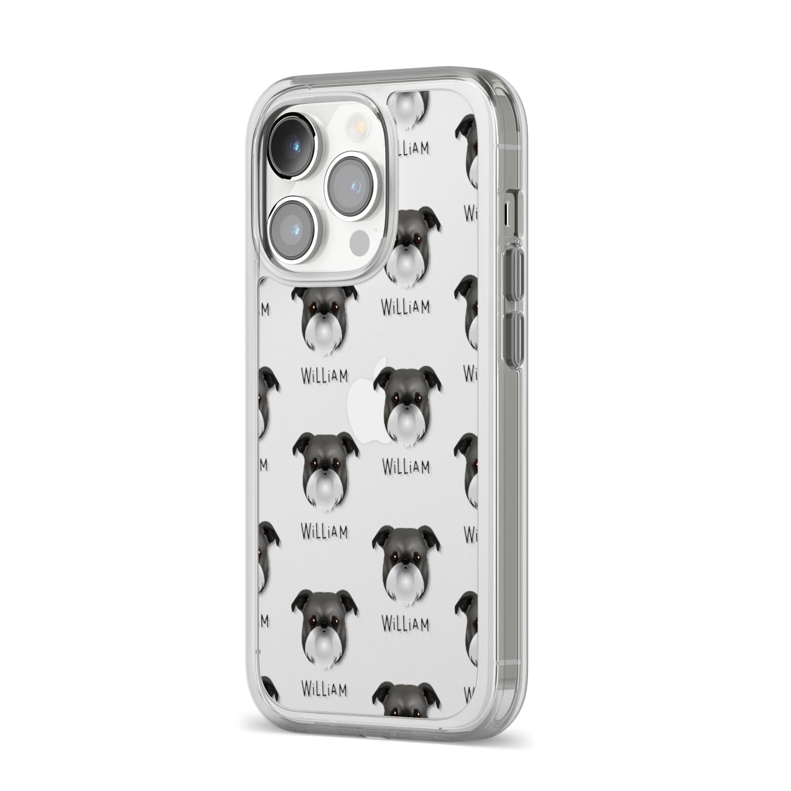 Griffon Bruxellois Icon with Name iPhone 14 Pro Clear Tough Case Silver Angled Image