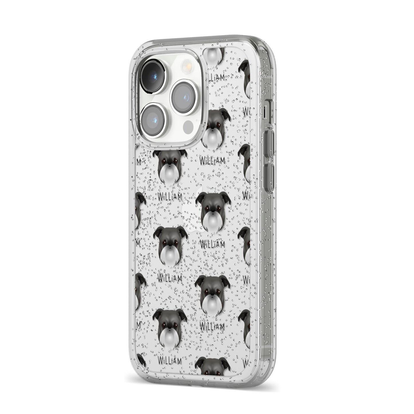 Griffon Bruxellois Icon with Name iPhone 14 Pro Glitter Tough Case Silver Angled Image