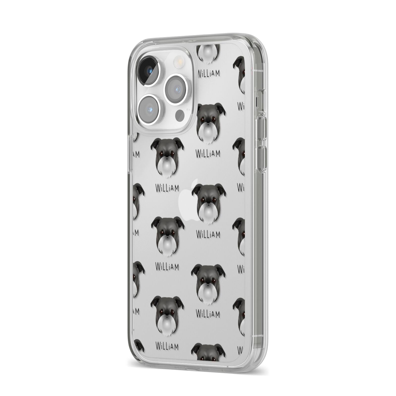 Griffon Bruxellois Icon with Name iPhone 14 Pro Max Clear Tough Case Silver Angled Image
