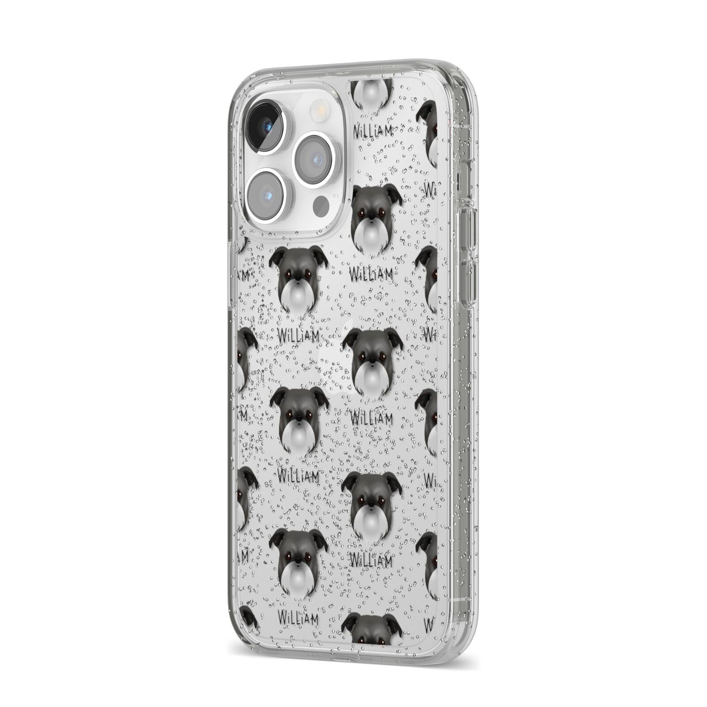 Griffon Bruxellois Icon with Name iPhone 14 Pro Max Glitter Tough Case Silver Angled Image