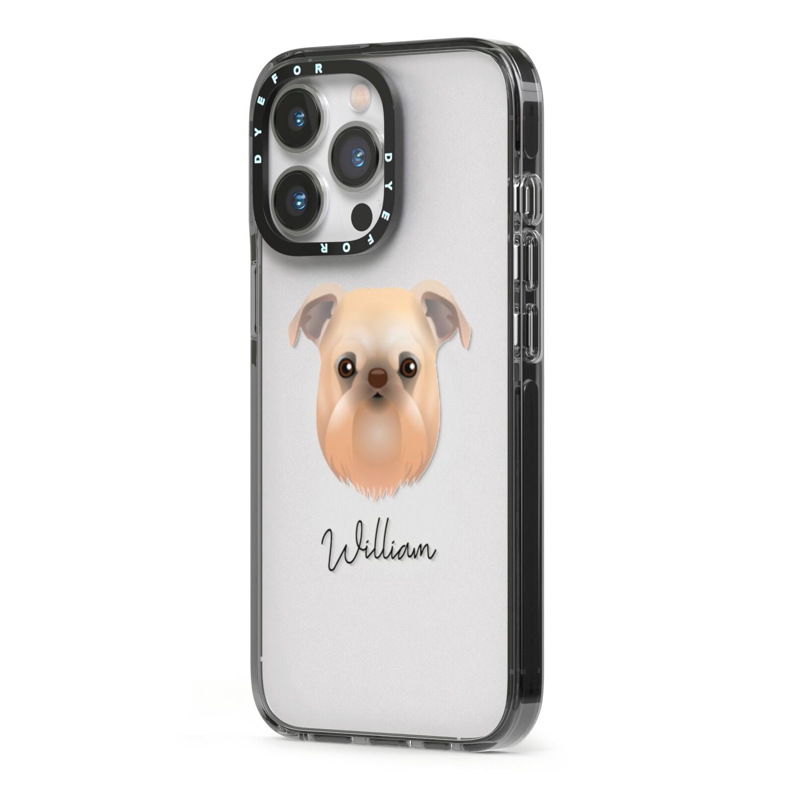 Griffon Bruxellois Personalised iPhone 13 Pro Black Impact Case Side Angle on Silver phone