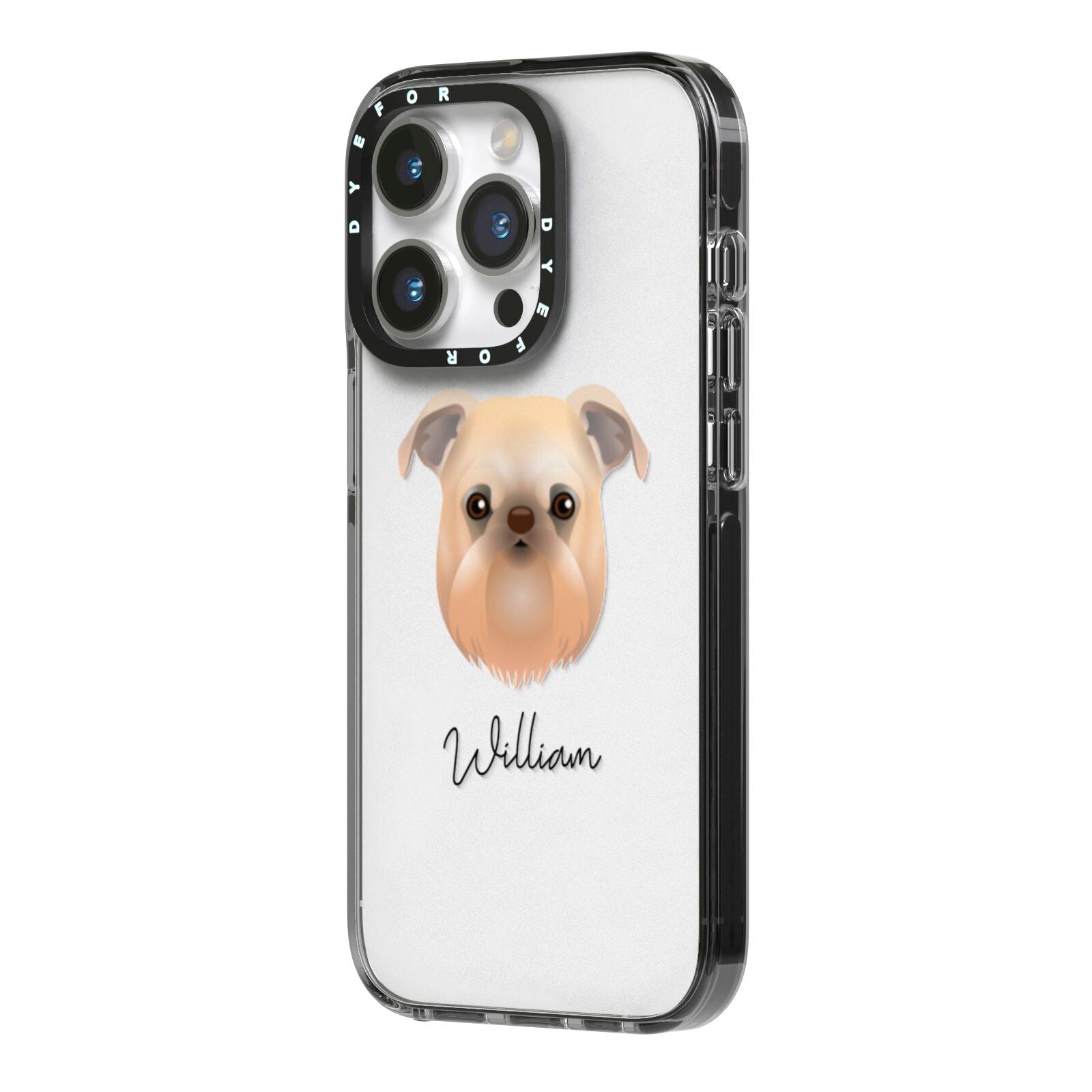 Griffon Bruxellois Personalised iPhone 14 Pro Black Impact Case Side Angle on Silver phone
