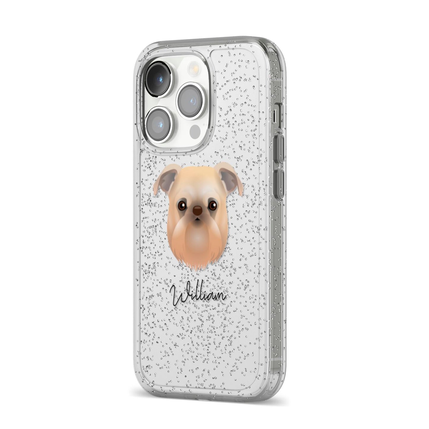 Griffon Bruxellois Personalised iPhone 14 Pro Glitter Tough Case Silver Angled Image