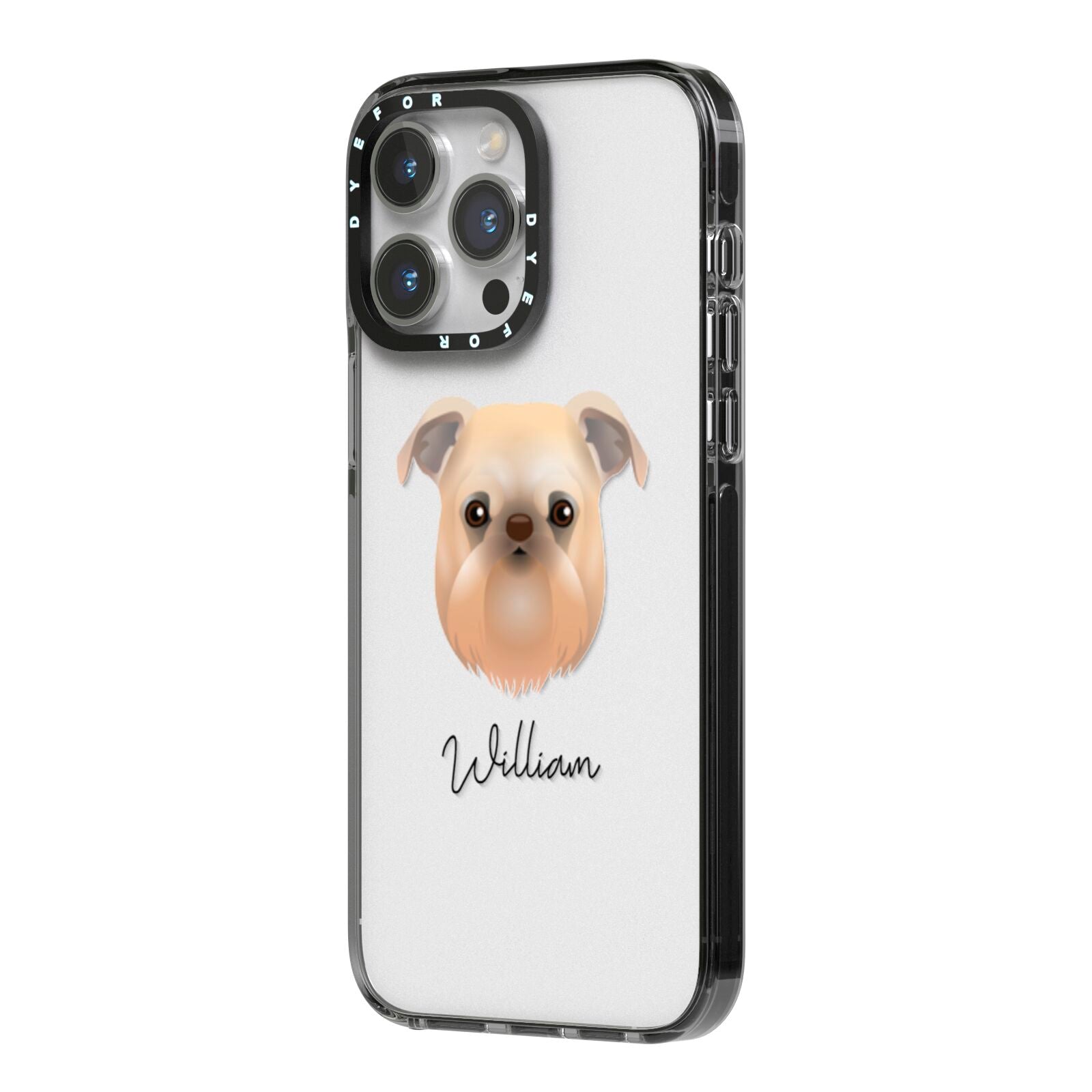 Griffon Bruxellois Personalised iPhone 14 Pro Max Black Impact Case Side Angle on Silver phone