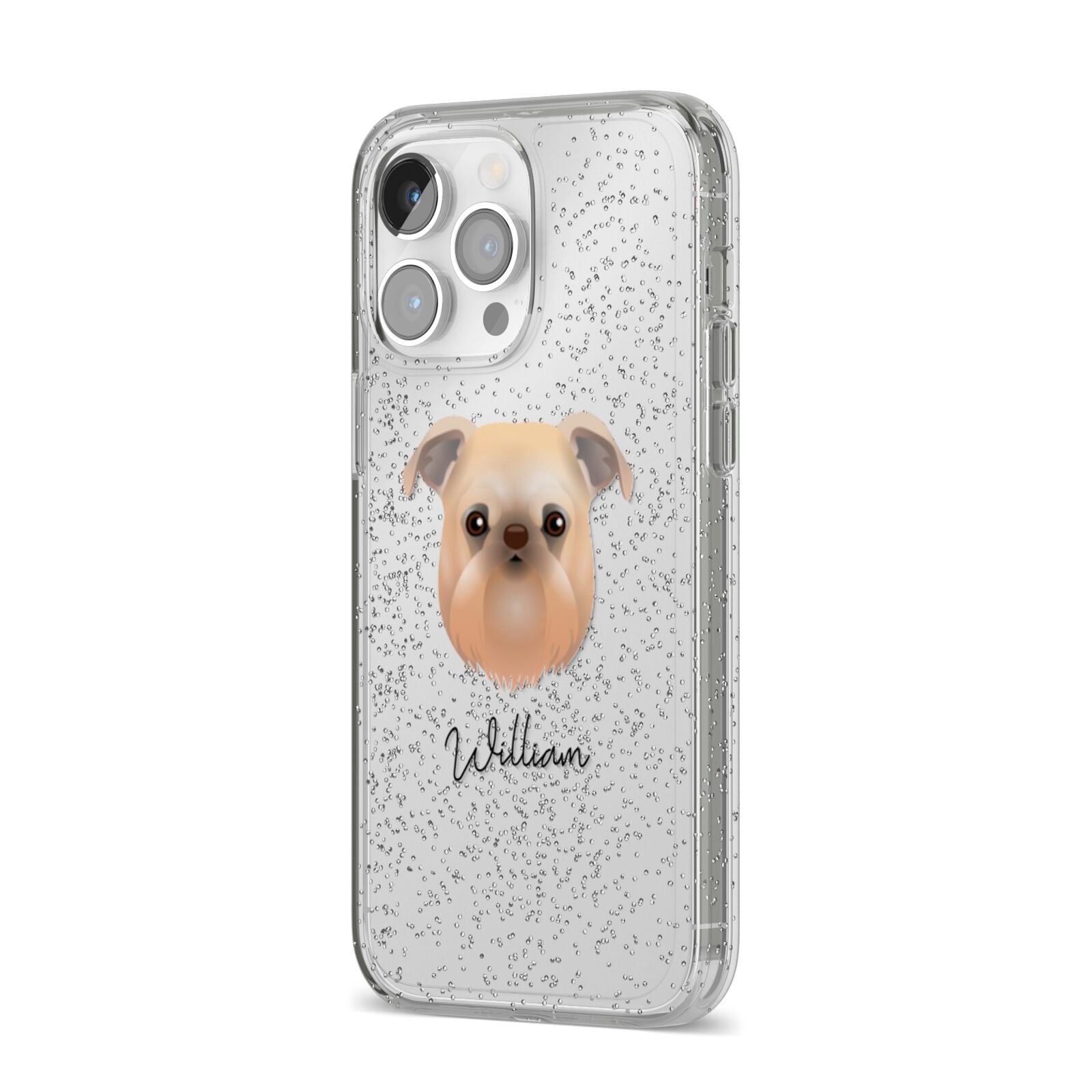 Griffon Bruxellois Personalised iPhone 14 Pro Max Glitter Tough Case Silver Angled Image