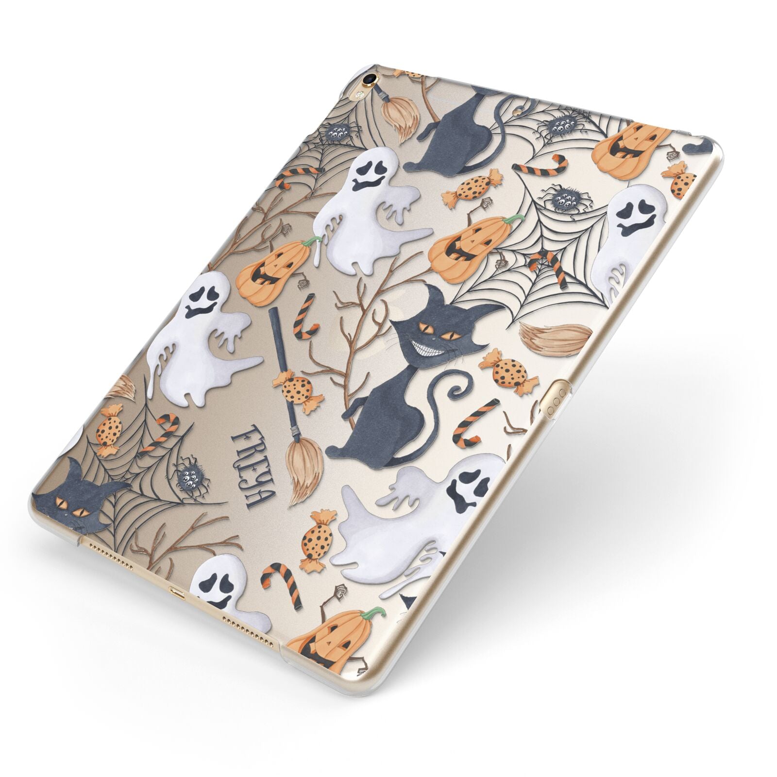 Grinning Cat Halloween Apple iPad Case on Gold iPad Side View