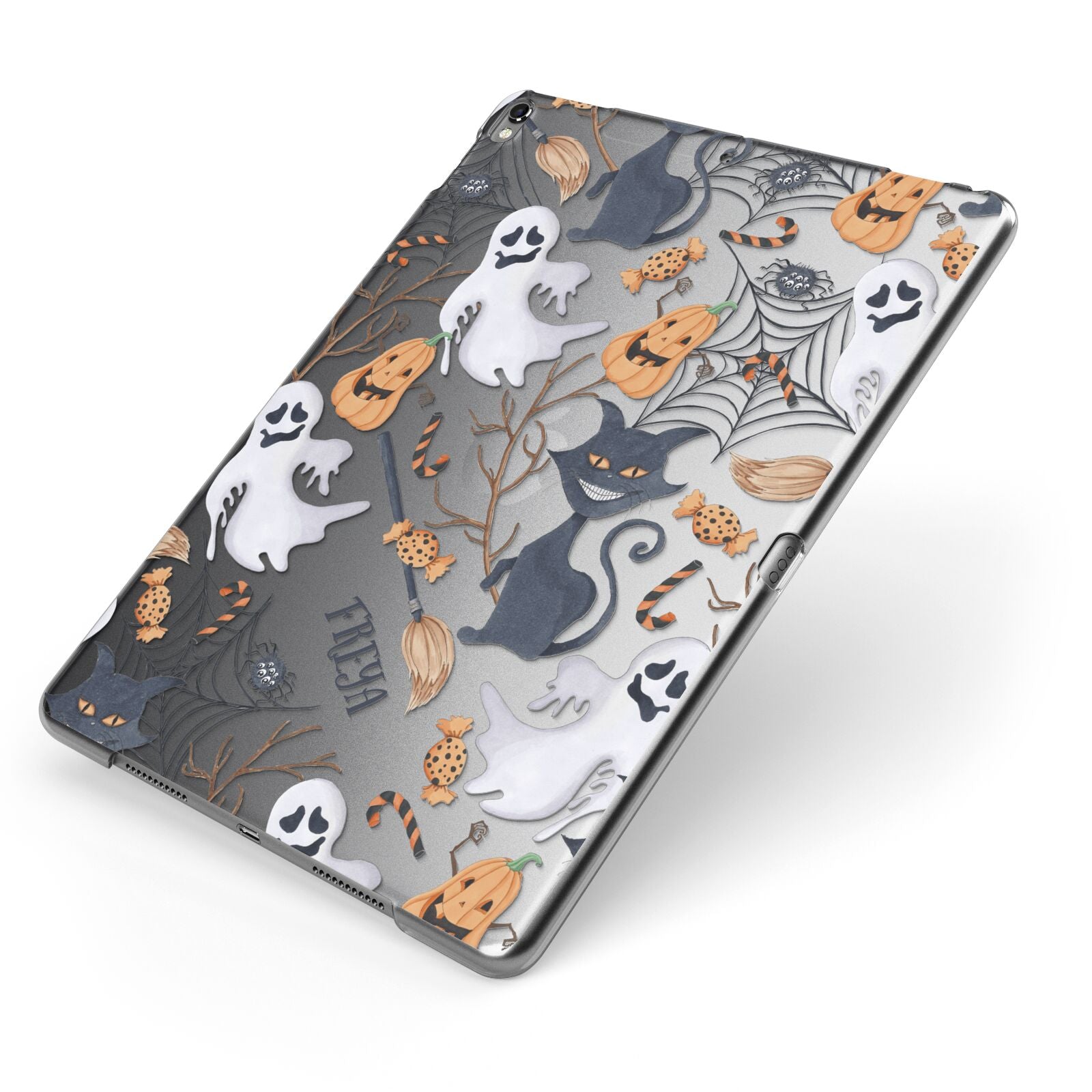 Grinning Cat Halloween Apple iPad Case on Grey iPad Side View