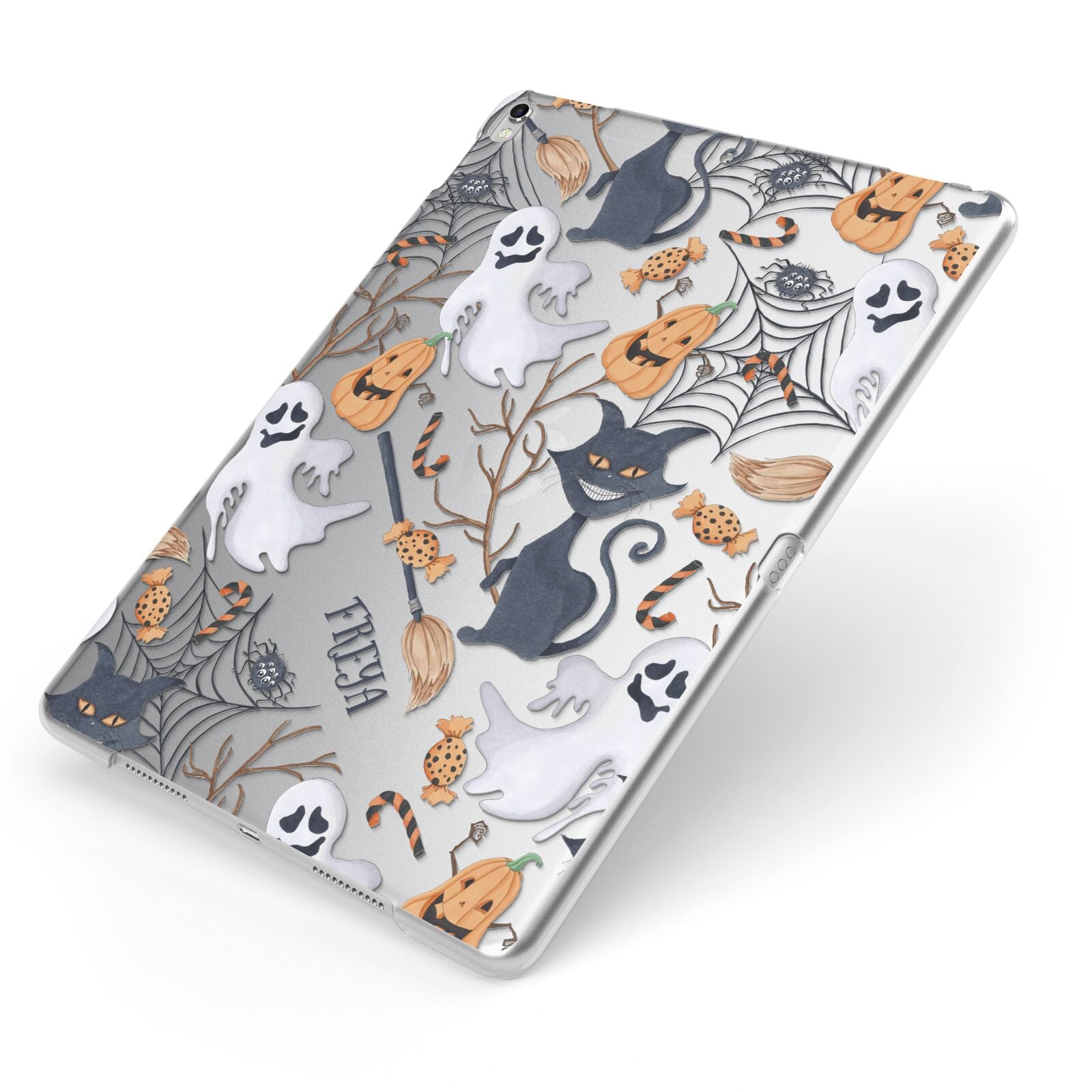 Grinning Cat Halloween Apple iPad Case on Silver iPad Side View