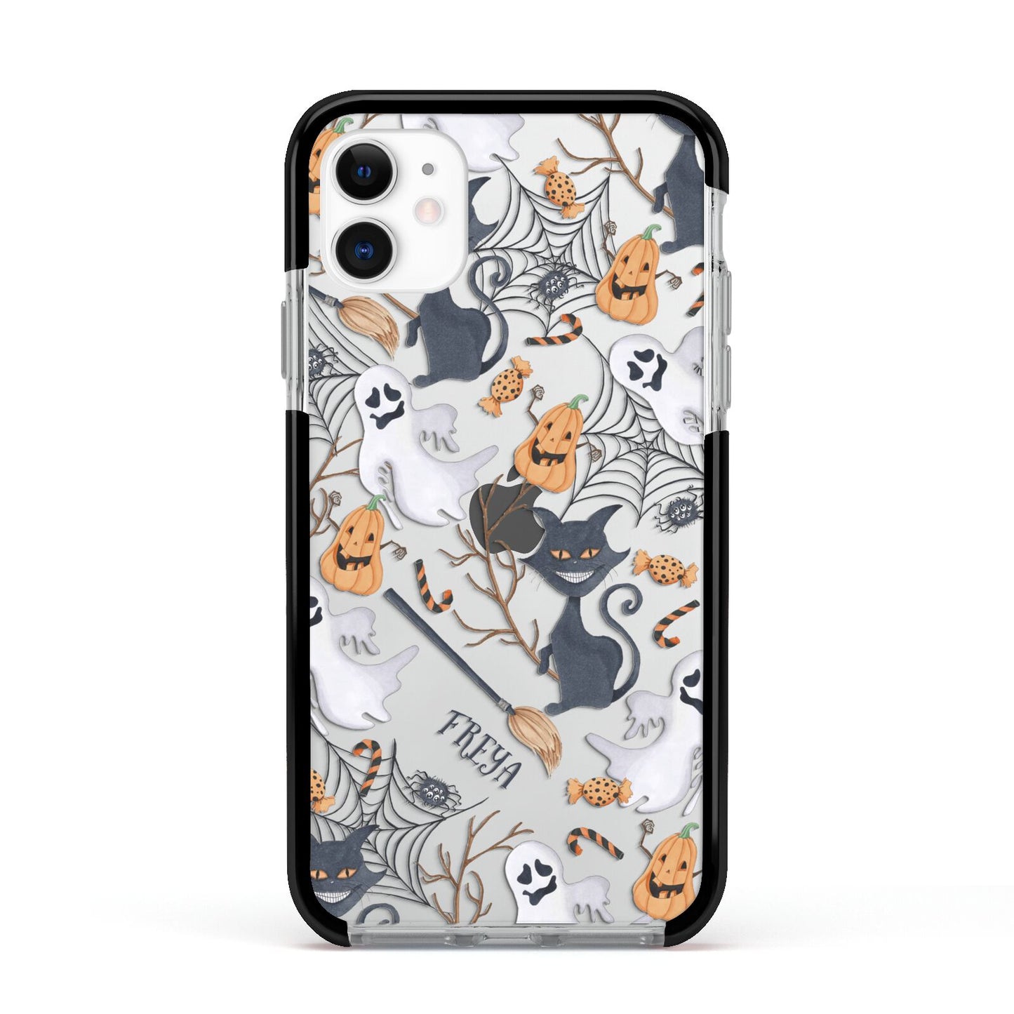 Grinning Cat Halloween Apple iPhone 11 in White with Black Impact Case