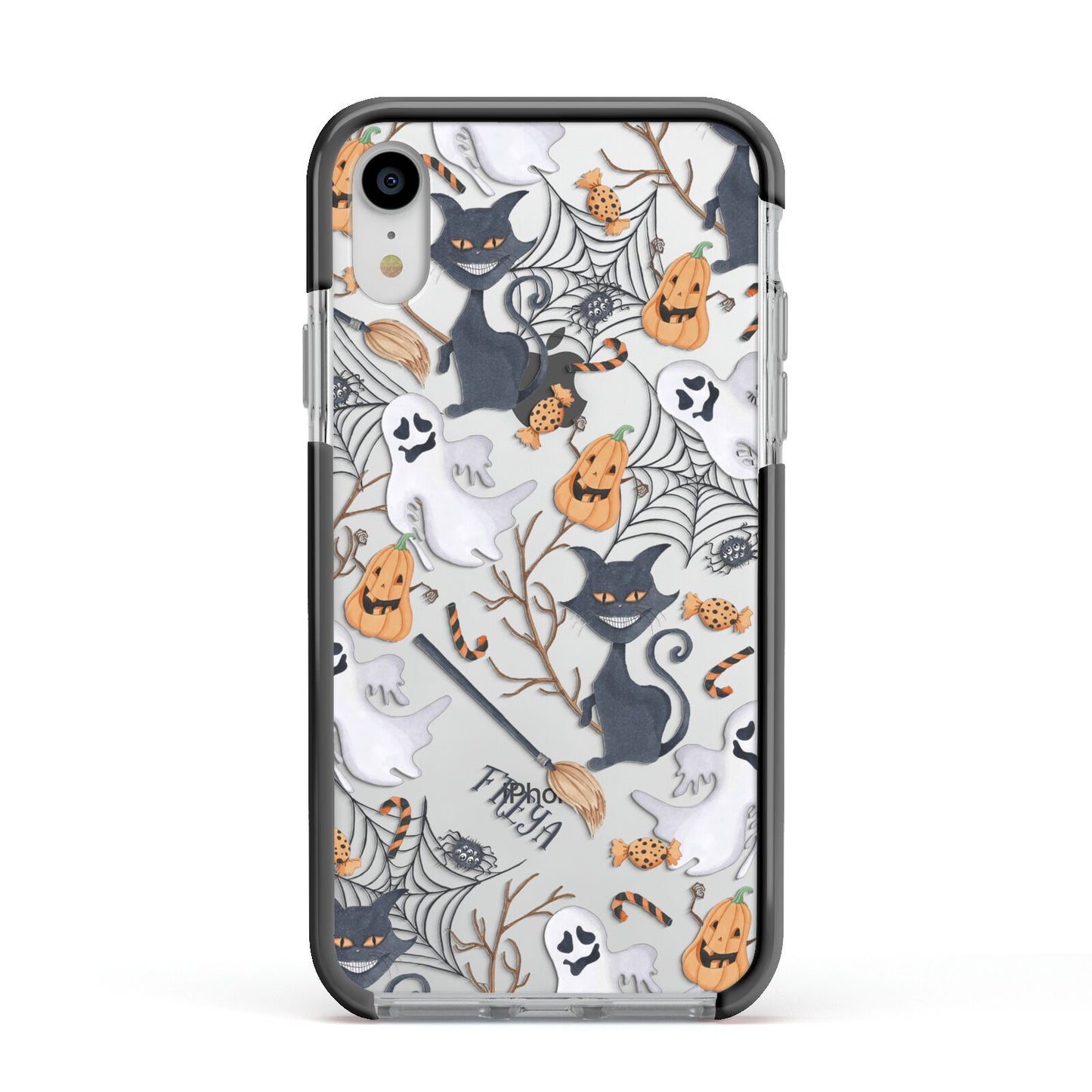 Grinning Cat Halloween Apple iPhone XR Impact Case Black Edge on Silver Phone