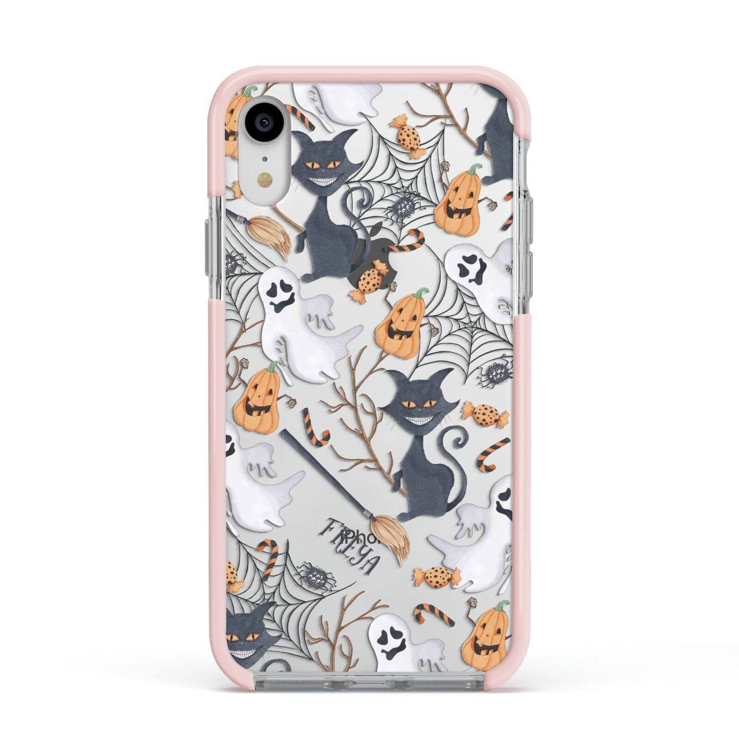 Grinning Cat Halloween Apple iPhone XR Impact Case Pink Edge on Silver Phone