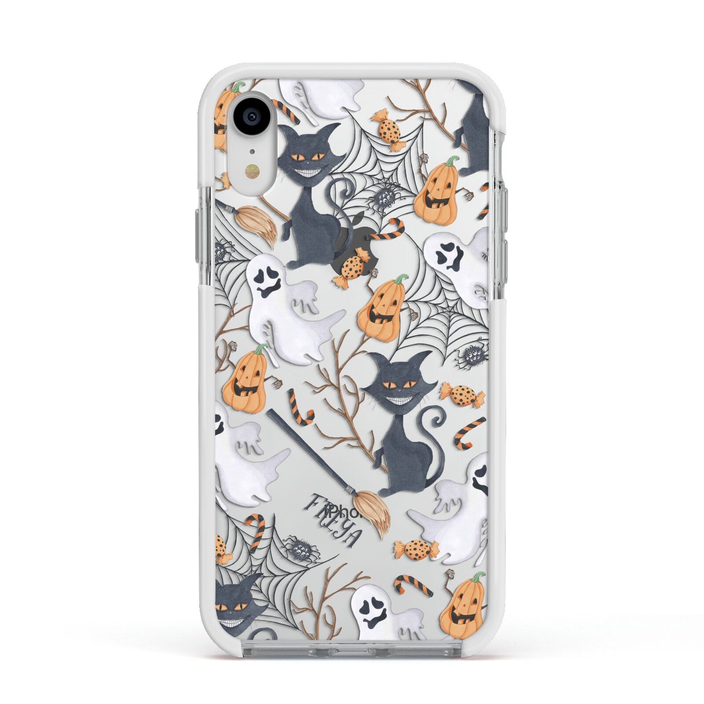 Grinning Cat Halloween Apple iPhone XR Impact Case White Edge on Silver Phone