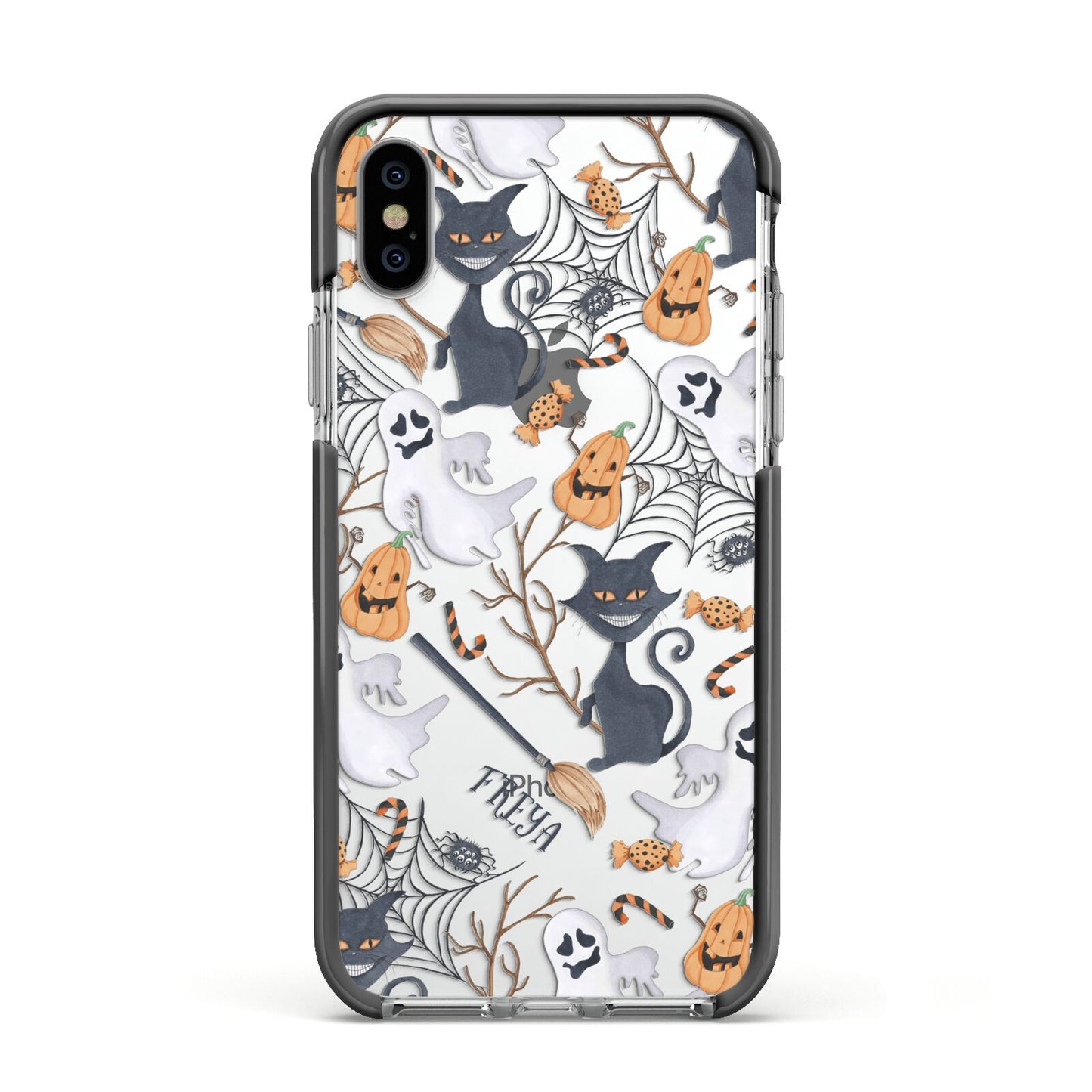 Grinning Cat Halloween Apple iPhone Xs Impact Case Black Edge on Silver Phone