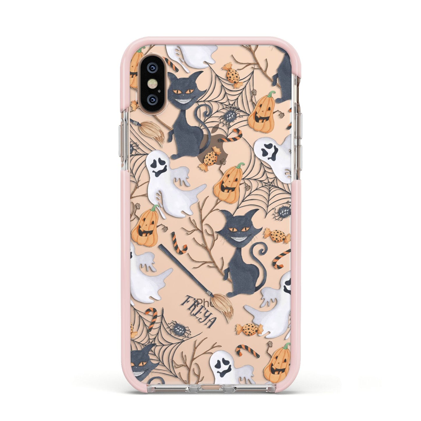Grinning Cat Halloween Apple iPhone Xs Impact Case Pink Edge on Gold Phone