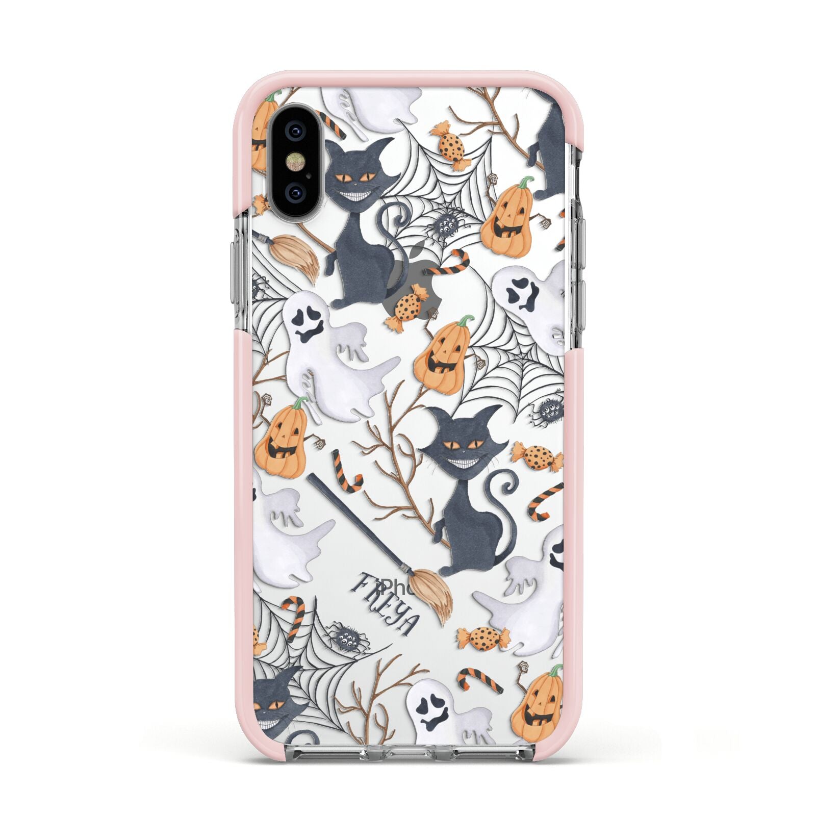 Grinning Cat Halloween Apple iPhone Xs Impact Case Pink Edge on Silver Phone
