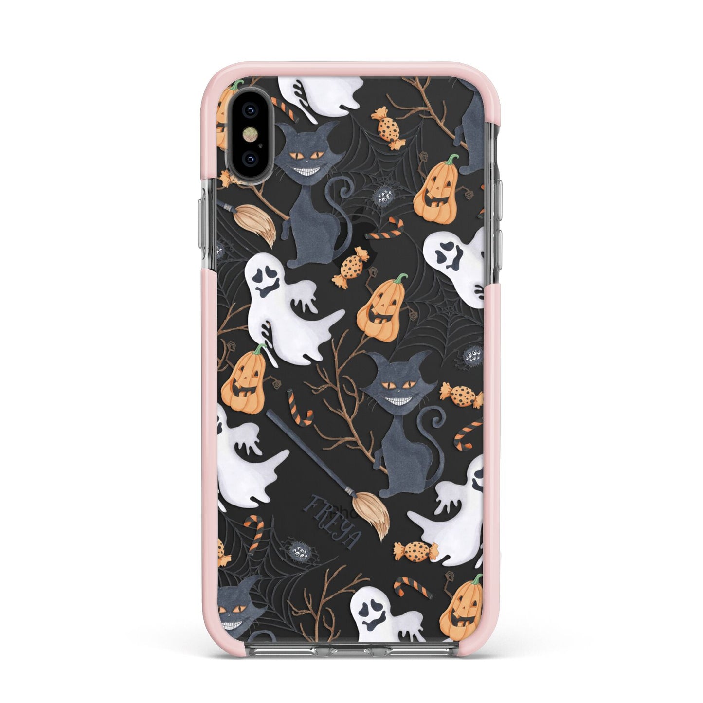 Grinning Cat Halloween Apple iPhone Xs Max Impact Case Pink Edge on Black Phone