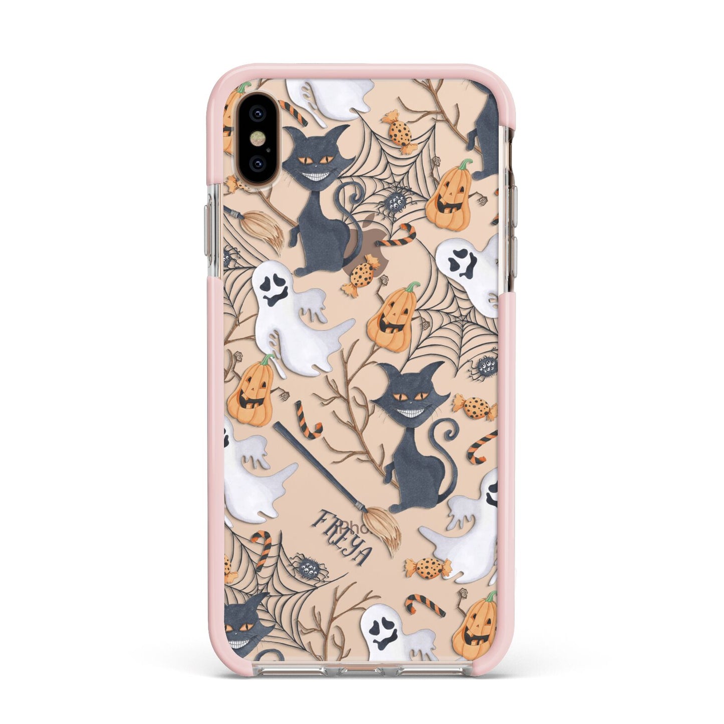 Grinning Cat Halloween Apple iPhone Xs Max Impact Case Pink Edge on Gold Phone