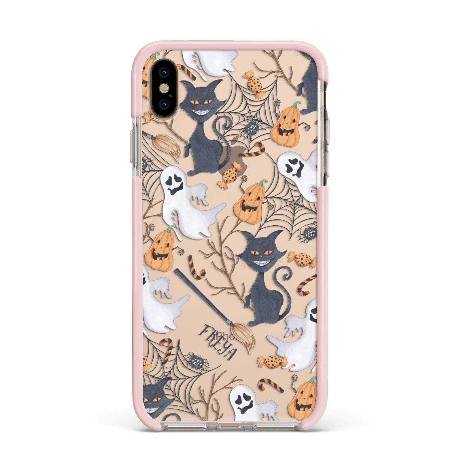 Grinning Cat Halloween Apple iPhone Xs Max Impact Case Pink Edge on Gold Phone
