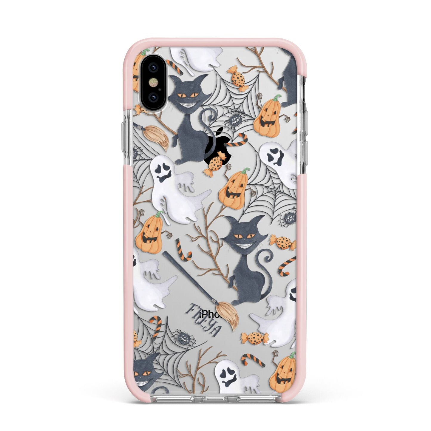 Grinning Cat Halloween Apple iPhone Xs Max Impact Case Pink Edge on Silver Phone