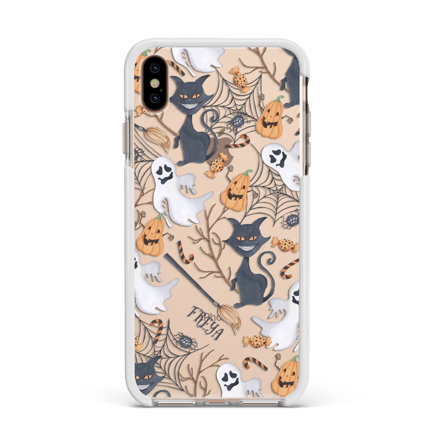 Grinning Cat Halloween Apple iPhone Xs Max Impact Case White Edge on Gold Phone