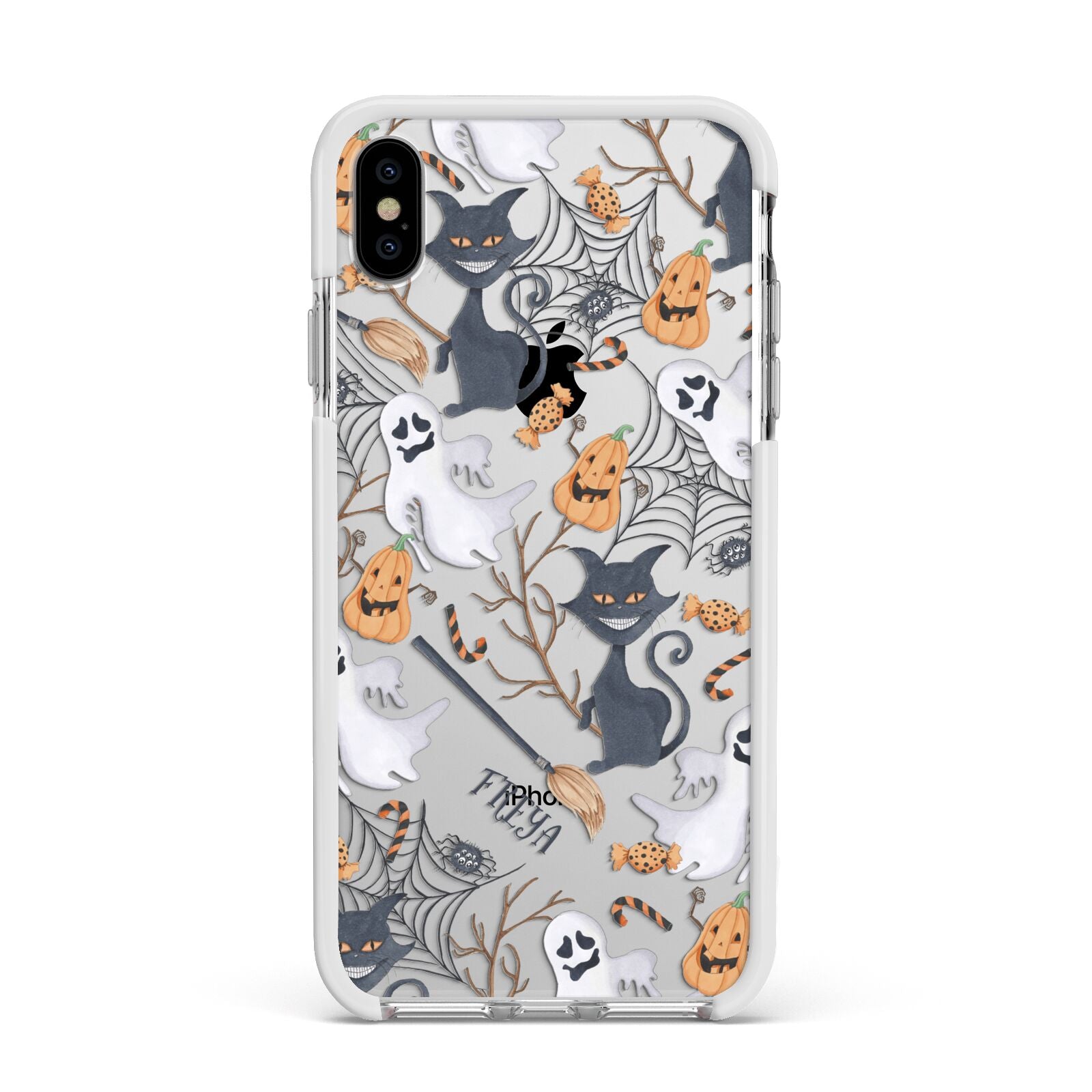 Grinning Cat Halloween Apple iPhone Xs Max Impact Case White Edge on Silver Phone