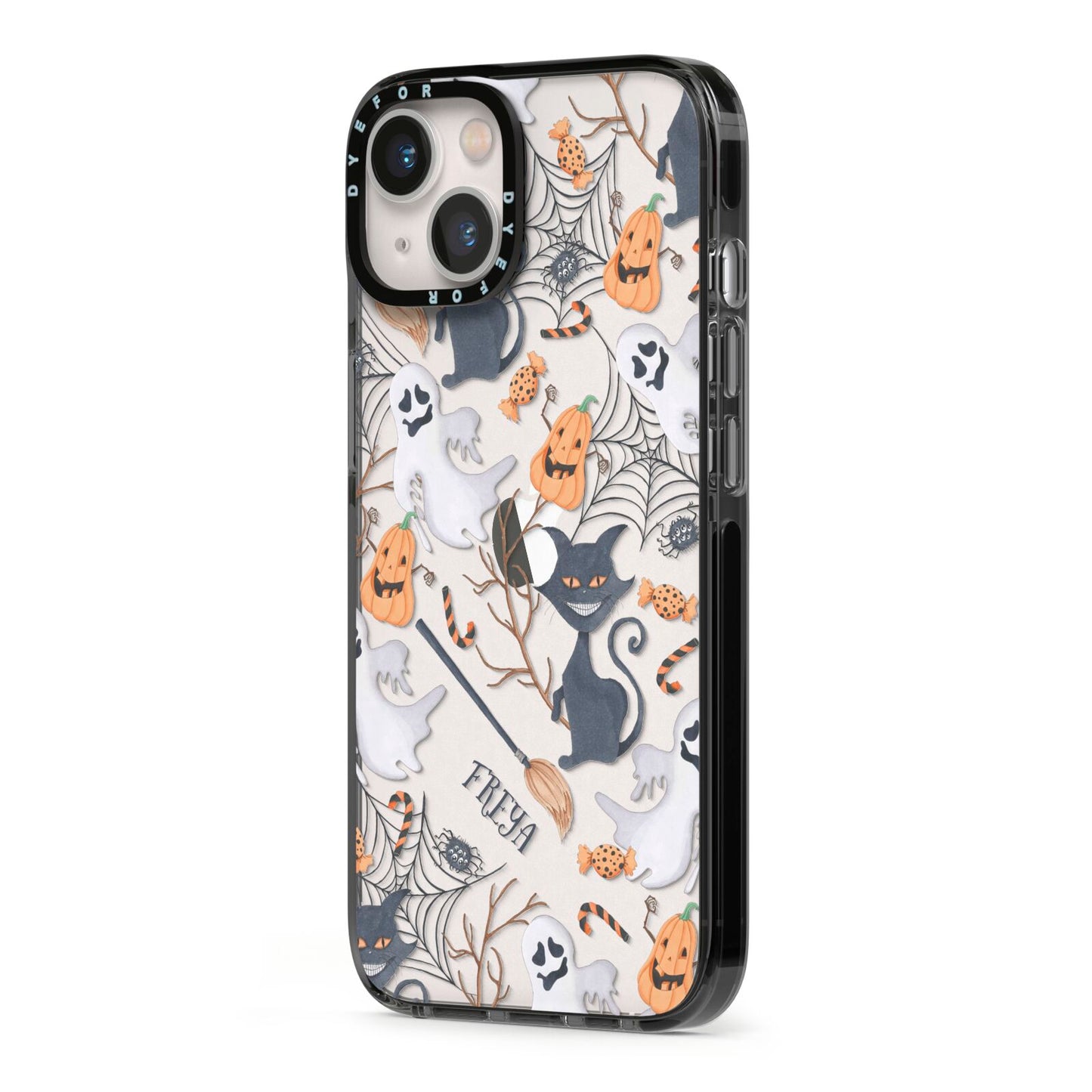 Grinning Cat Halloween iPhone 13 Black Impact Case Side Angle on Silver phone
