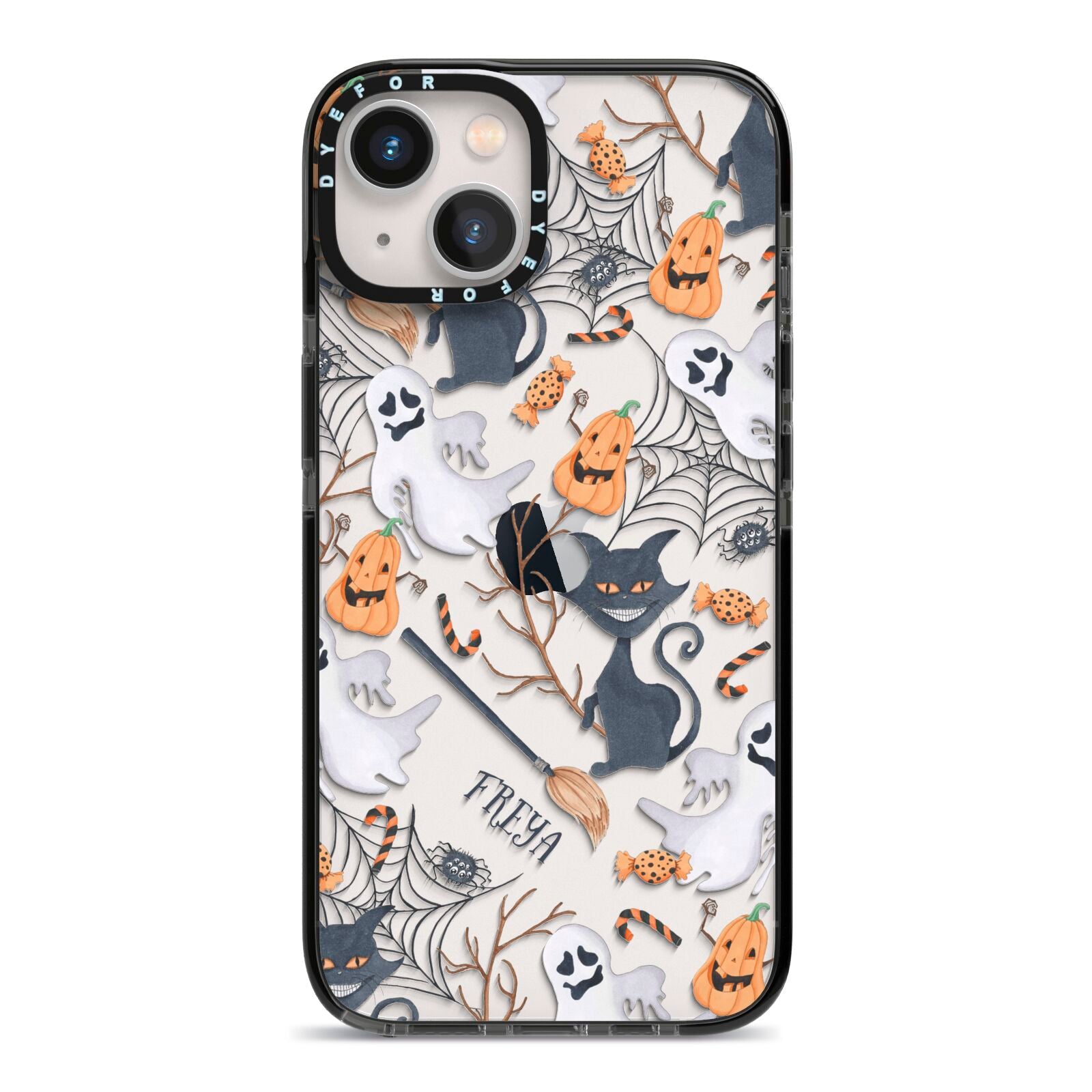 Grinning Cat Halloween iPhone 13 Black Impact Case on Silver phone