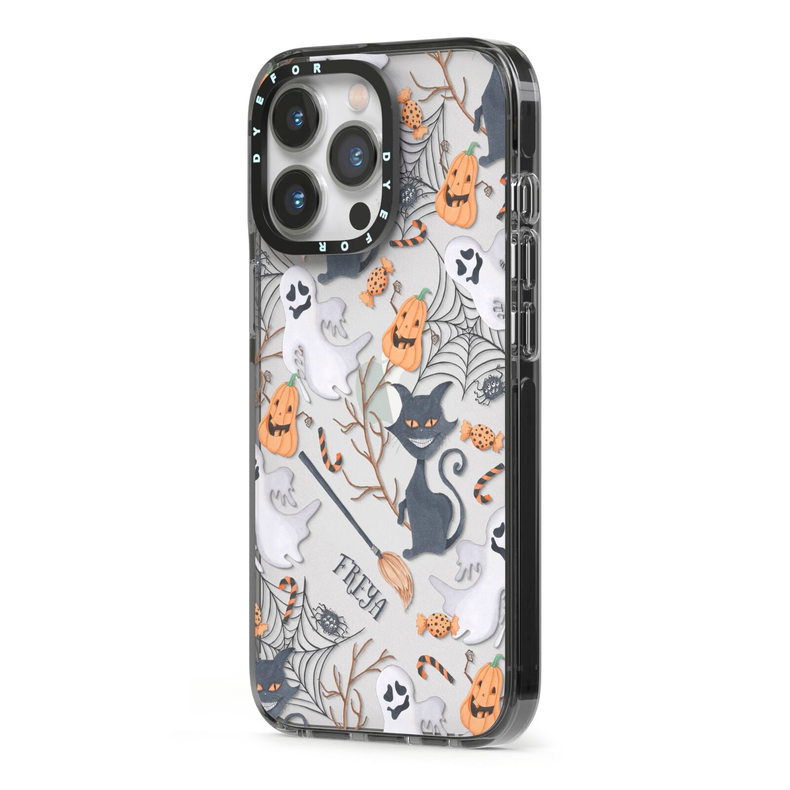 Grinning Cat Halloween iPhone 13 Pro Black Impact Case Side Angle on Silver phone