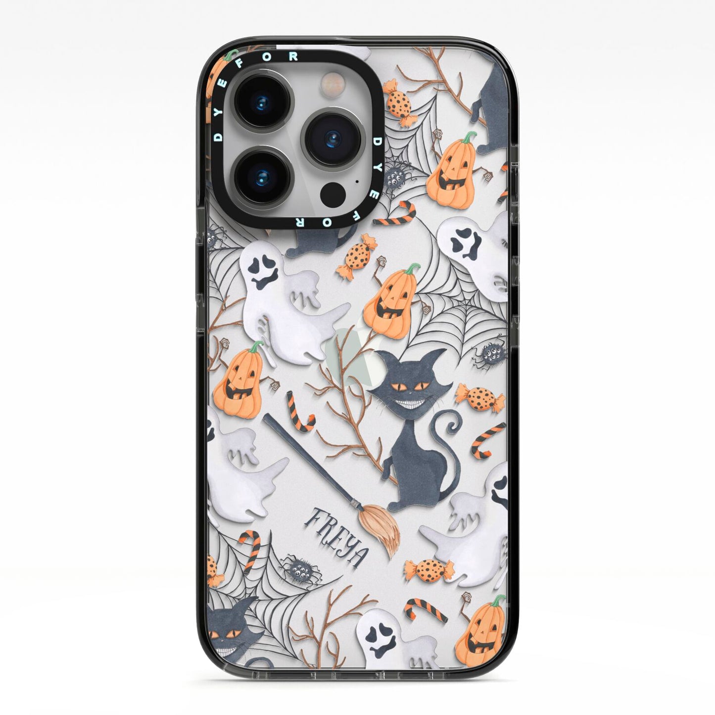 Grinning Cat Halloween iPhone 13 Pro Black Impact Case on Silver phone