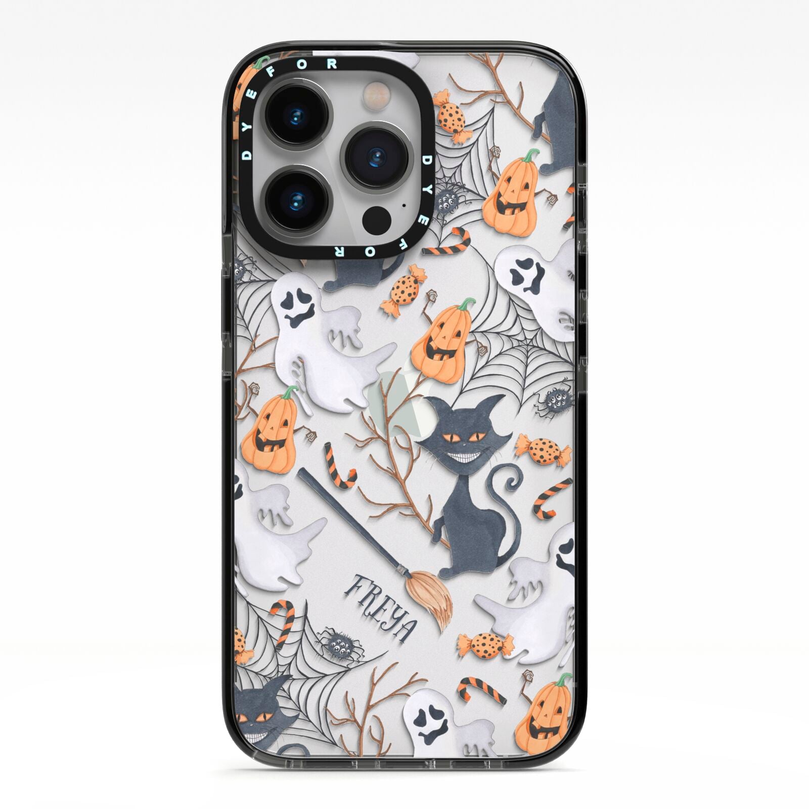 Grinning Cat Halloween iPhone 13 Pro Black Impact Case on Silver phone