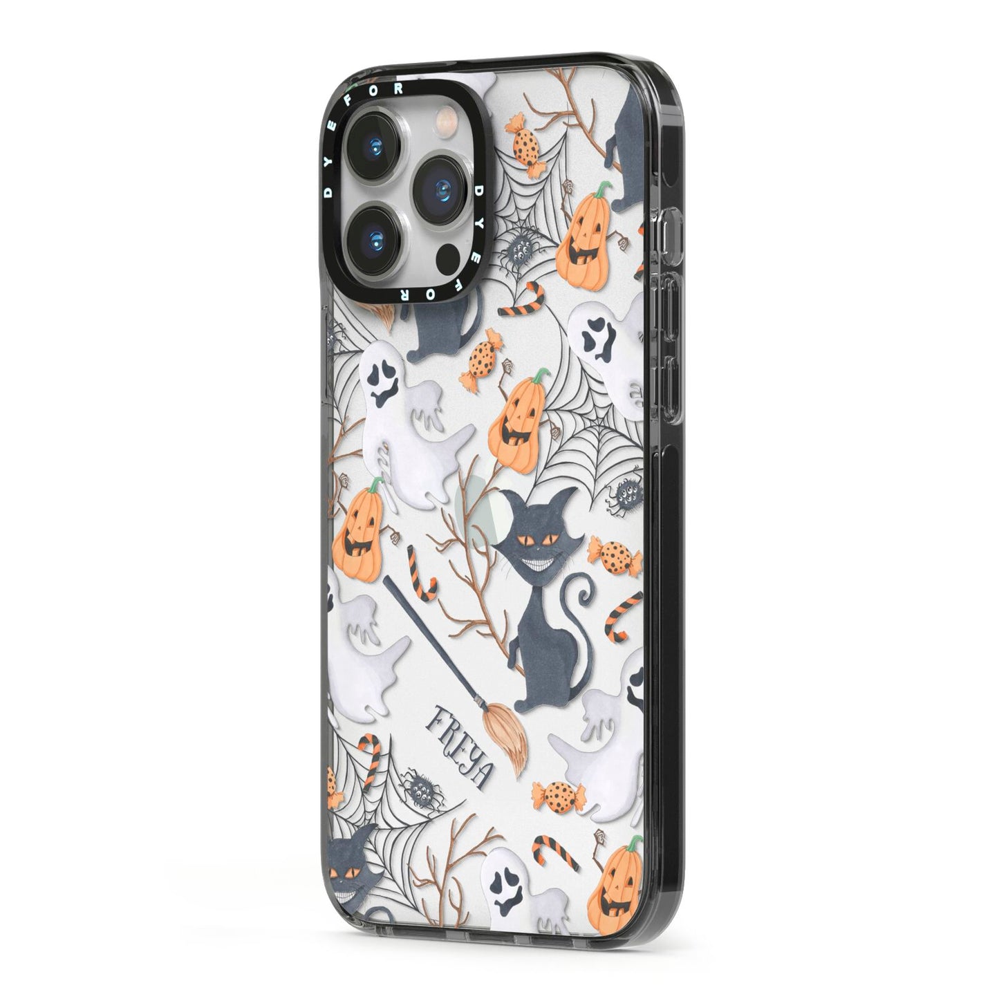 Grinning Cat Halloween iPhone 13 Pro Max Black Impact Case Side Angle on Silver phone