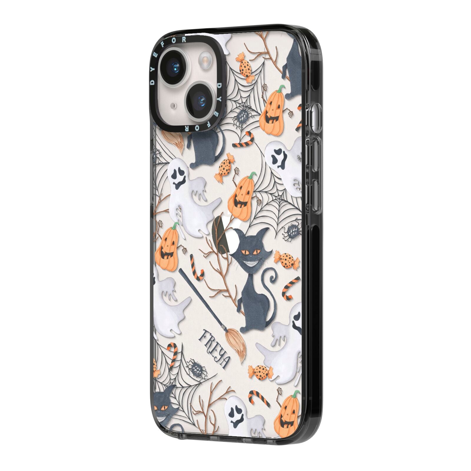 Grinning Cat Halloween iPhone 14 Black Impact Case Side Angle on Silver phone