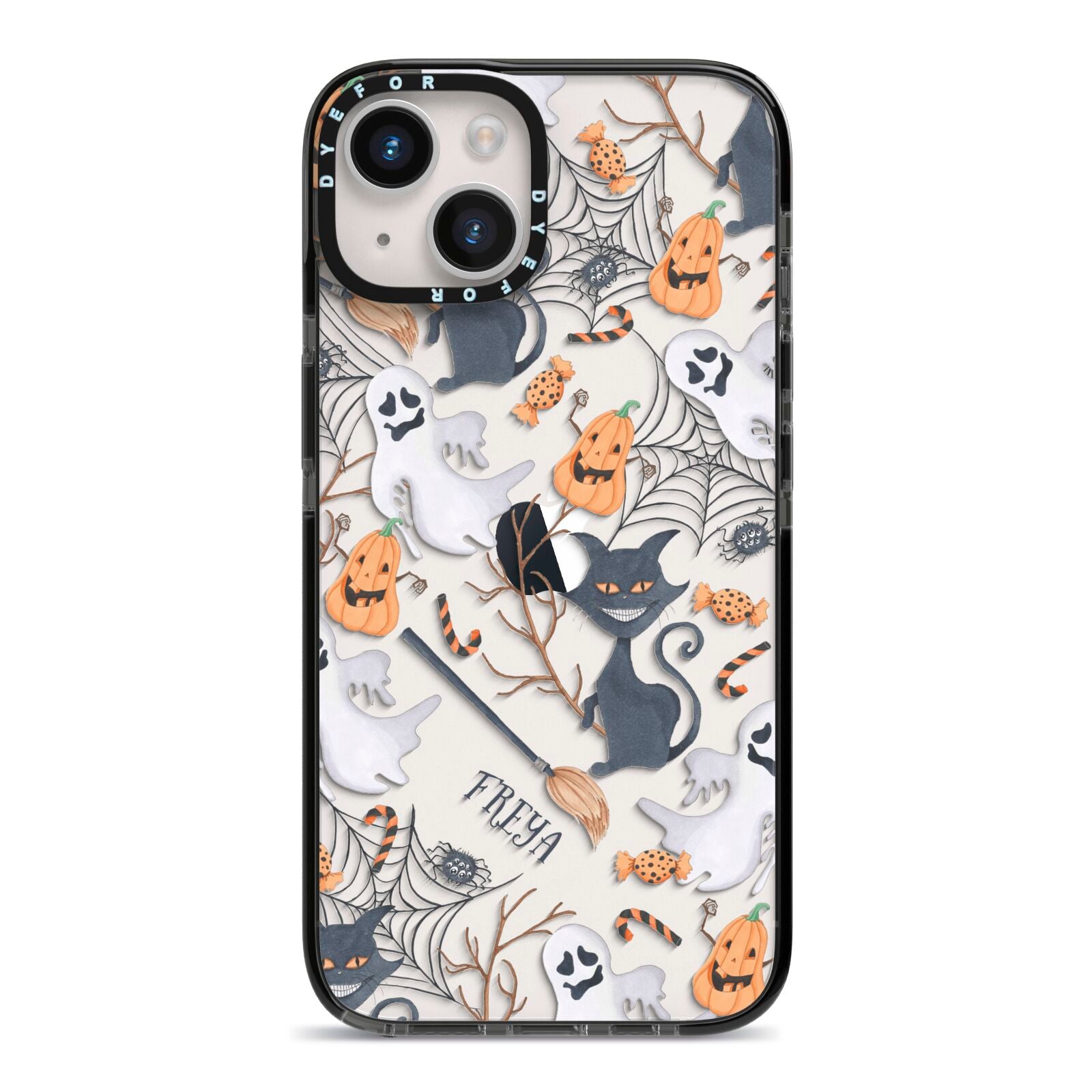 Grinning Cat Halloween iPhone 14 Black Impact Case on Silver phone