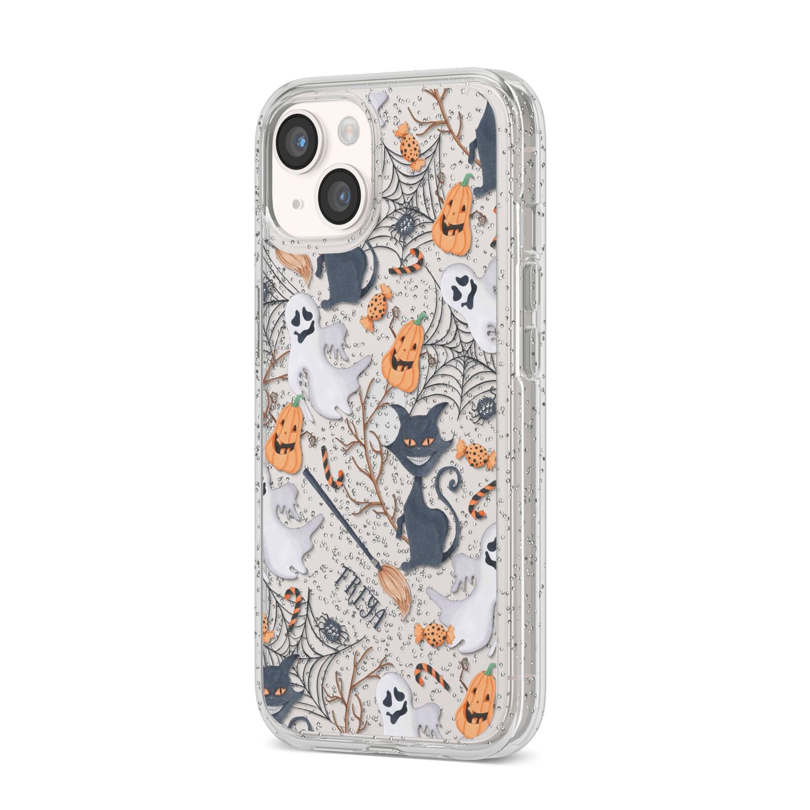 Grinning Cat Halloween iPhone 14 Glitter Tough Case Starlight Angled Image