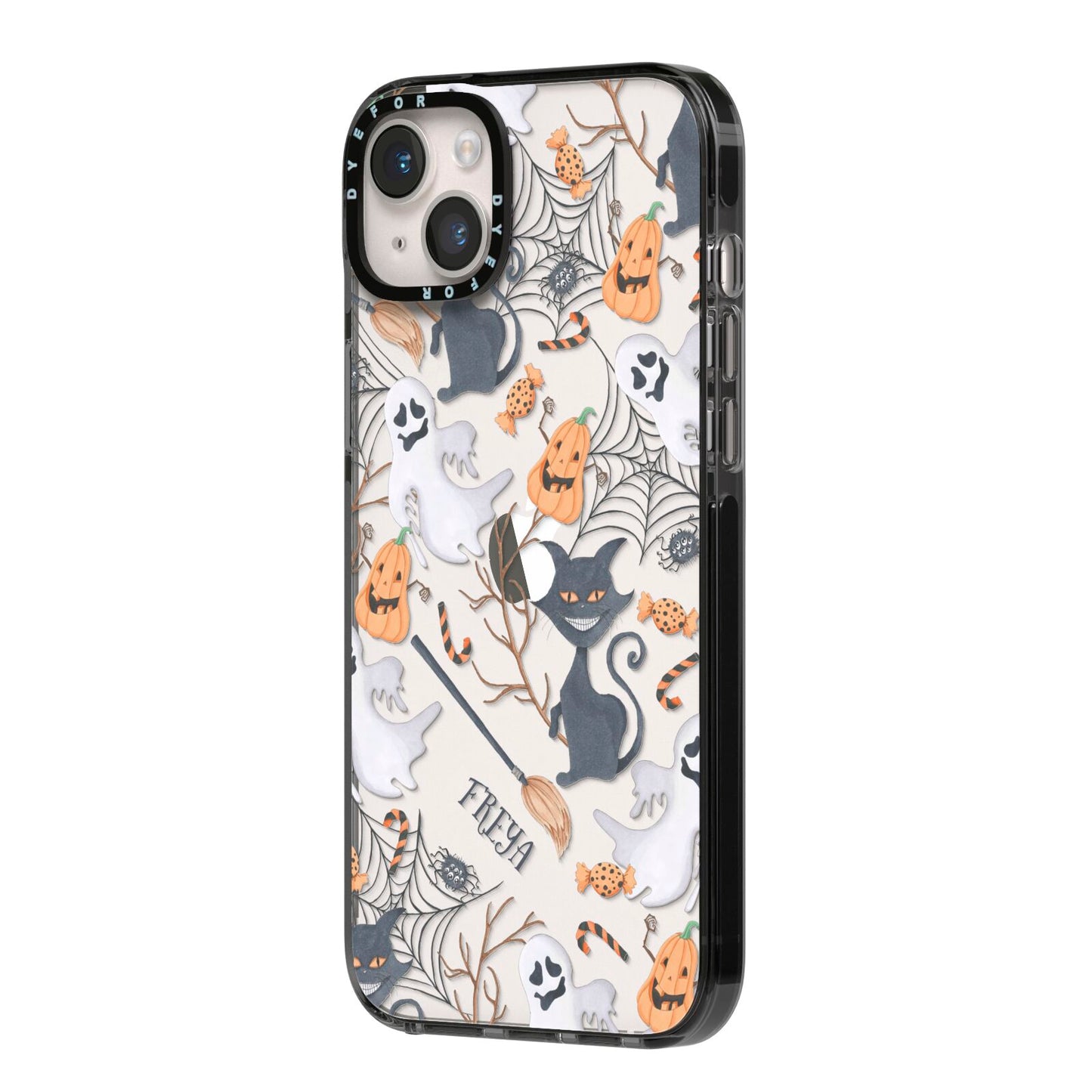 Grinning Cat Halloween iPhone 14 Plus Black Impact Case Side Angle on Silver phone